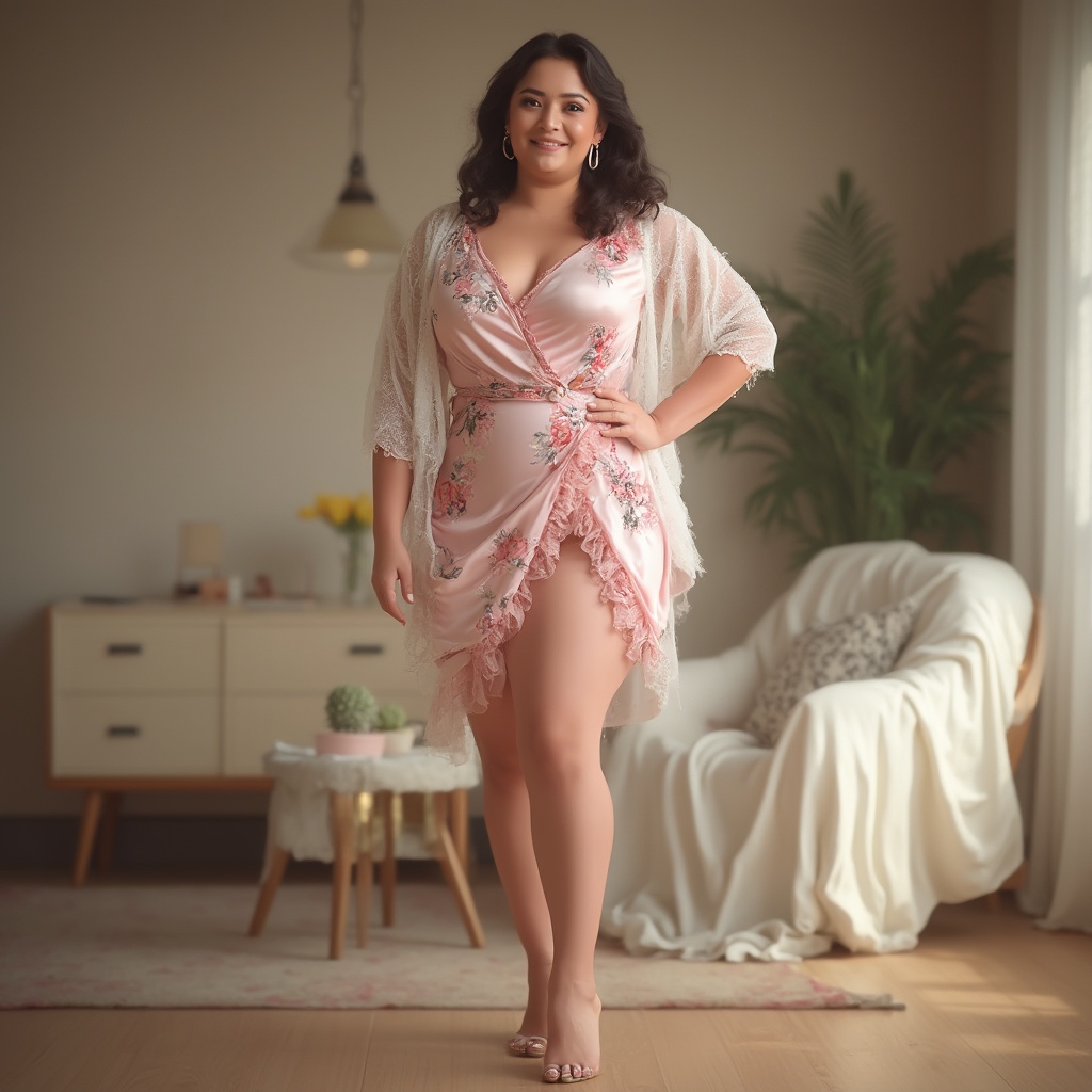 AI generated image by FLUX-Realism-Lora: A highly detailed, hyper realistic image depicting a full body view of a woman standing still inside her house. She is wearing a short light pink silk floral dress with a wrap design, three-quarter sleeves, and ruffles at the neckline and waist. The dress falls just below the knees, and she accessorizes with a white lace shawl, silver hoop earrings, and closed-toe high-heels.  Her hair is styled in loose waves, and her makeup is light and natural, enhancing her rosy cheeks and soft lips.  Her figure is curvaceous, with a large bust, narrow waist, and full hips. The pose is graceful, showcasing her figure to its best advantage. The lighting is soft and diffused, creating a warm and inviting atmosphere. The background is softly blurred, keeping the focus on the woman.  The overall style is that of a high-fashion photograph, with a strong emphasis on detail and texture, capturing the intricate details of the dress and the woman's features. The image is rendered with a hyper realistic style, emphasizing the subtle textures and nuances of the scene.  Full body view.