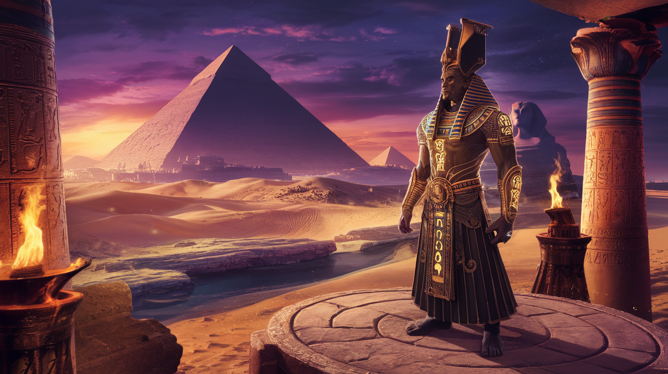 AI generated image by ideogram 2.0: A majestic scene of an ancient Egyptian landscape at dusk, with towering pyramids casting long shadows across the desert sands. A mysterious humanoid figure, dressed in intricate golden armor and adorned with symbols of Egyptian gods, stands on a stone platform overlooking the Nile. The figure has a regal, otherworldly presence, with a tall headdress and glowing hieroglyphic patterns along its armor. The sky is painted in deep purples and oranges as the sun sets, and torches flicker on surrounding pillars inscribed with ancient carvings. In the background, the silhouette of the Great Sphinx watches over the scene, adding a mystical aura to the timeless setting