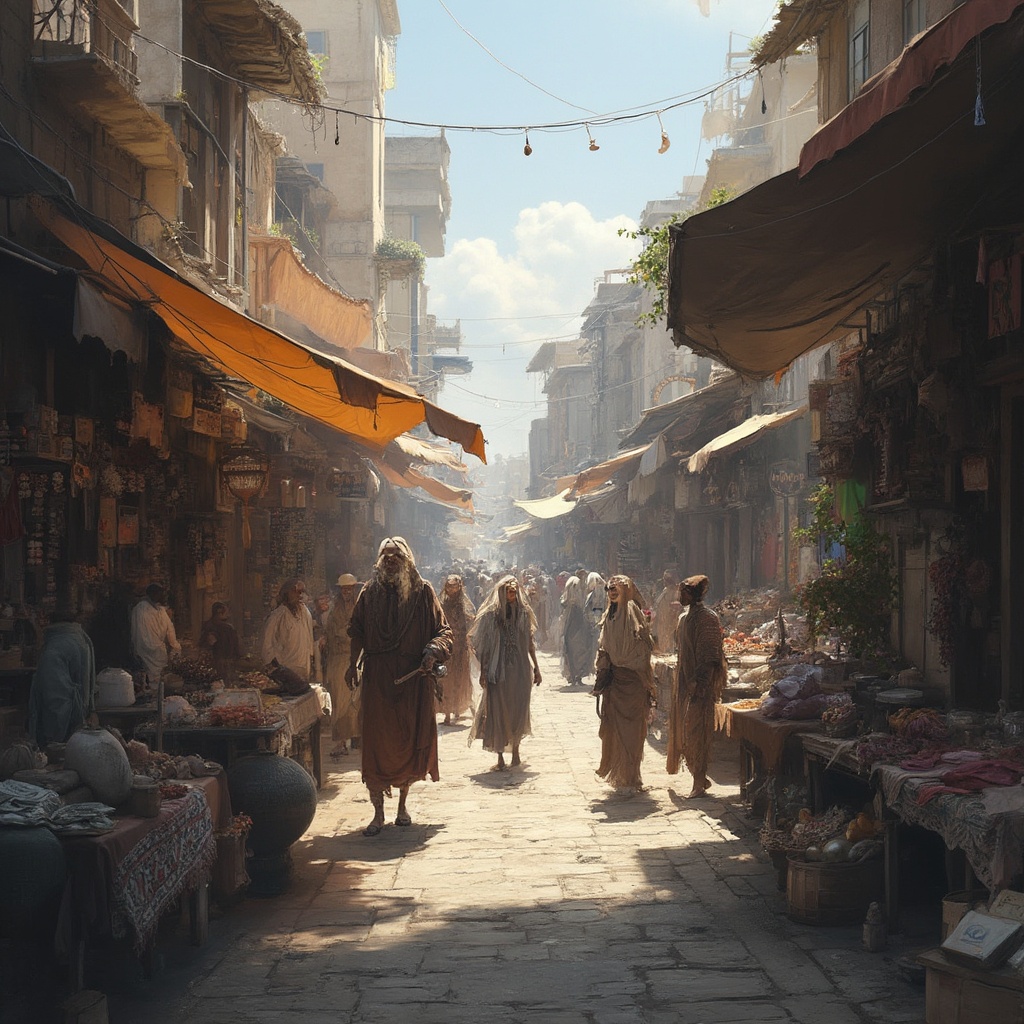 AI generated image by FLUX-Realism-Lora: A middle age city, there is a market where people are selling all kind of goods