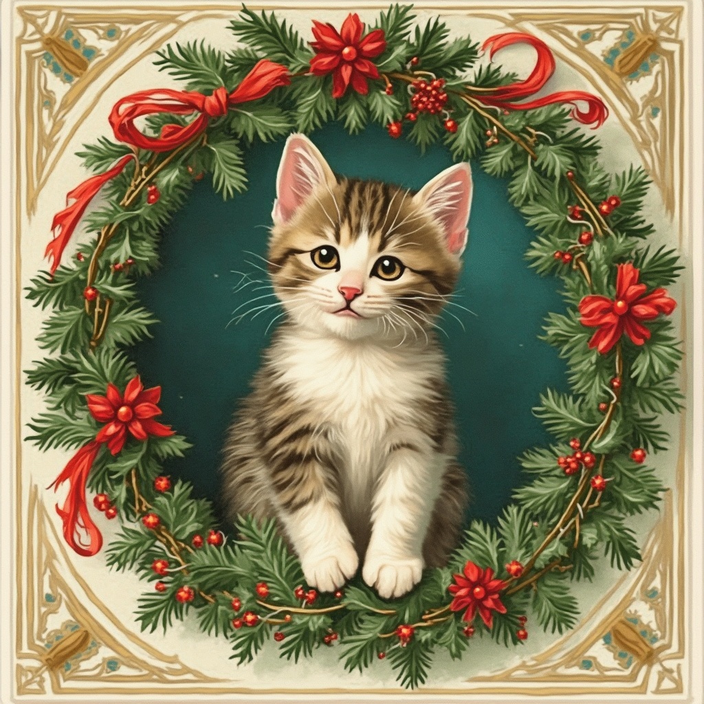 AI generated image by FLUX-Realism-Lora: A vintage Christmas postcard with a kitten, framed in a Christmas garland