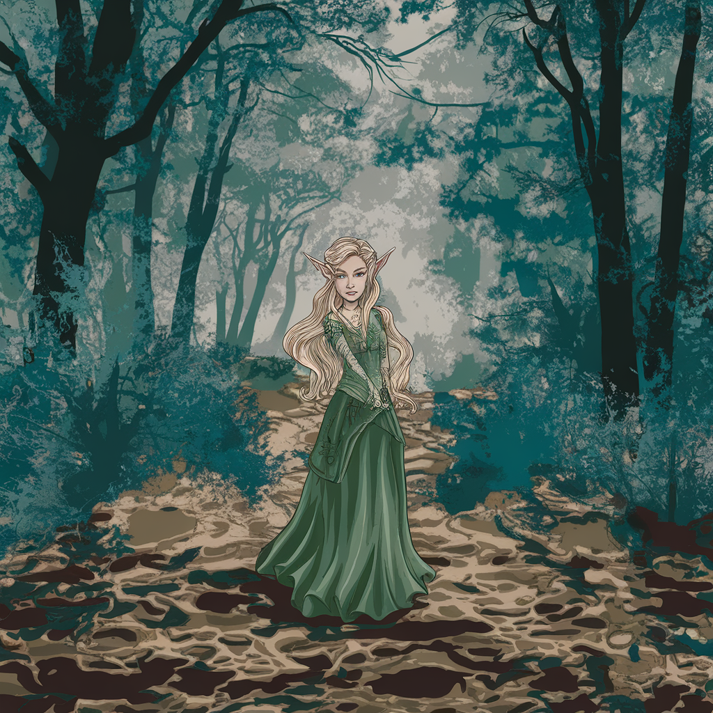 AI generated image by ideogram 2.0: illustration of a beautiful blonde elf, in the middle of a fantasy forest. grunge style.