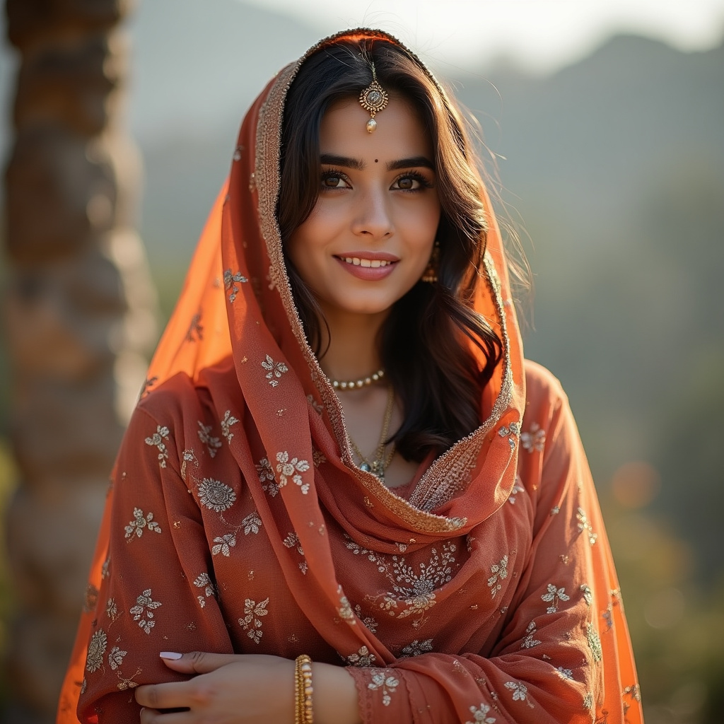 AI generated image by FLUX.1-pro: A 25 year old dupatta wearing beautiful Pakistani girl standing 