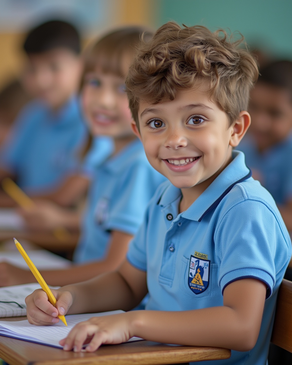 AI generated image by FLUX.1-pro: en el colegio, niños vestidos con una camiseta polo azul marino, de inicial estudiando, que predominen los colores #1B66B0 y #F28C2E
