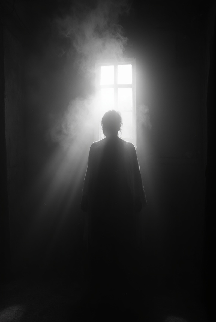 AI generated image by FLUX-Realism-Lora: Produce a high-contrast, cinematic black-and-white image of a person in a dark room, backlit by a dramatic light shaft from a small window. The scene is filled with smoke, creating an atmospheric haze, and the grainy texture mimics the look of Leica film, capturing a feeling of mystery and solitude.