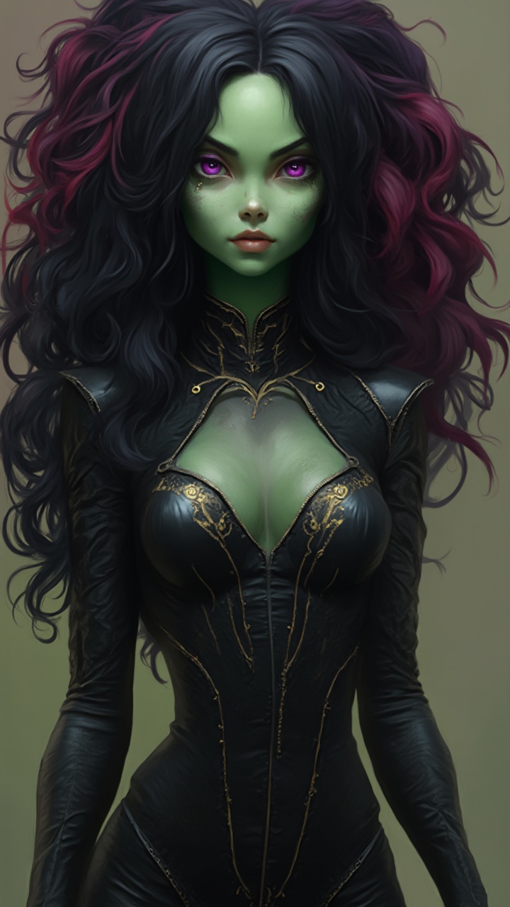 AI generated image by FLUX-Realism-Lora: Close-up portrait realism of a Character of Marbella Universe tall,slim, compact figure, with a small chest and narrow hips,she is also slightly slender, young Alien woman, 28 years old, green-skinned, with a long, wavy mass of black hair with red and purple highlights, and large purple eyes with golden circles, has a heart-shaped face, high cheekbones, no eyebrows but golden lines ending on her cheeks, black leather jumpsuit with black pants