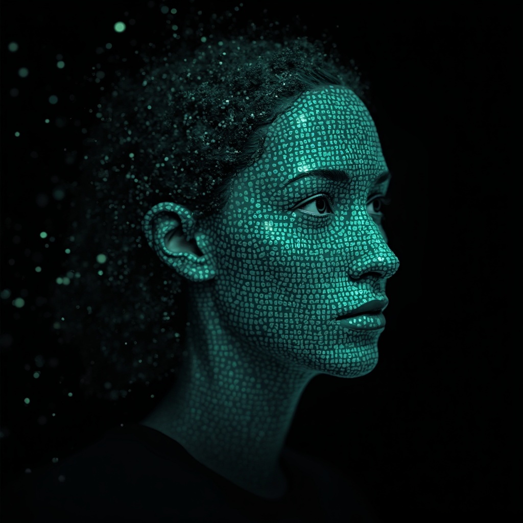 AI generated image by FLUX-Realism-Lora: Emmy Noether's face as a digital mask made from thousands of bright turquoise numbers and formulas forming her face. (she has a round, fat face is 45 years old and has long hair which is made into a plait. She has slightly swollen eyelids) The formulas and numbers fly behind the mask leaving a trail of complexity. The mask is floating dynamically in mid air. Her head is slightly turned to the right but her eyes are looking directly into the camera. The mask is on a black background. Like a png with black only background. Photo realistic, sci-fy