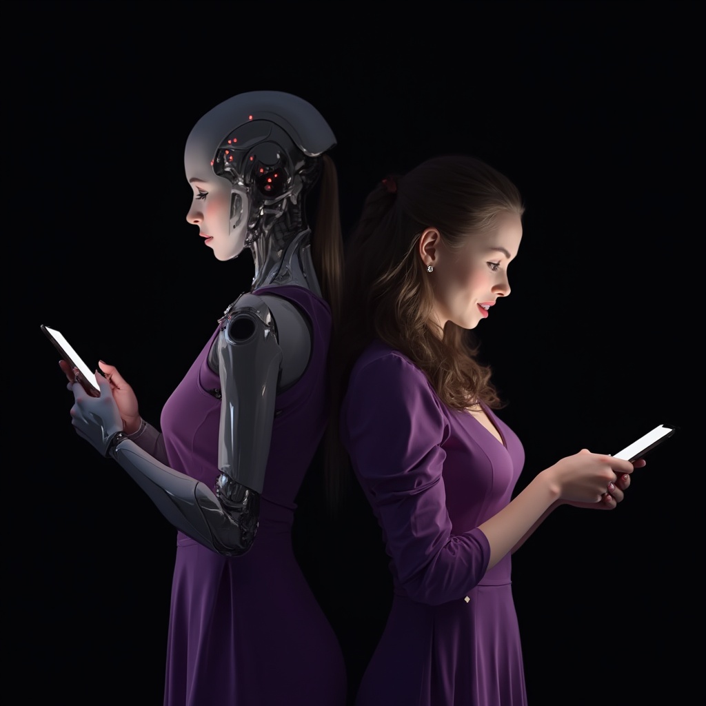 AI generated image by FLUX-Realism-Lora: A photorealistic scene of a 30-year-old woman with fair white skin, wearing an elegant purple dress, standing excitedly while shopping on her phone. Her eyes are wide open, expressing joy and excitement as she discovers something amazing on her screen. Her hair is styled to be clearly visible against the dark background.

Behind her, back to back, stands a highly realistic humanoid female robot with a sleek and futuristic design, featuring subtle glowing elements that emphasize her advanced AI companion aesthetic. The robot is actively assisting the woman, holding a phone in her hands as she responds to the shopping inquiries, mirroring the same excitement and engagement as the woman.

Both characters share an equal level of enthusiasm, reflecting a harmonious shopping experience. The background is minimalistic and dark, blending smoothly with a black backdrop to ensure seamless integration. The lighting is soft yet highlights both figures, creating depth and realism. The image captures the dynamic process of shopping, emphasizing their companionship and the technology-driven experience