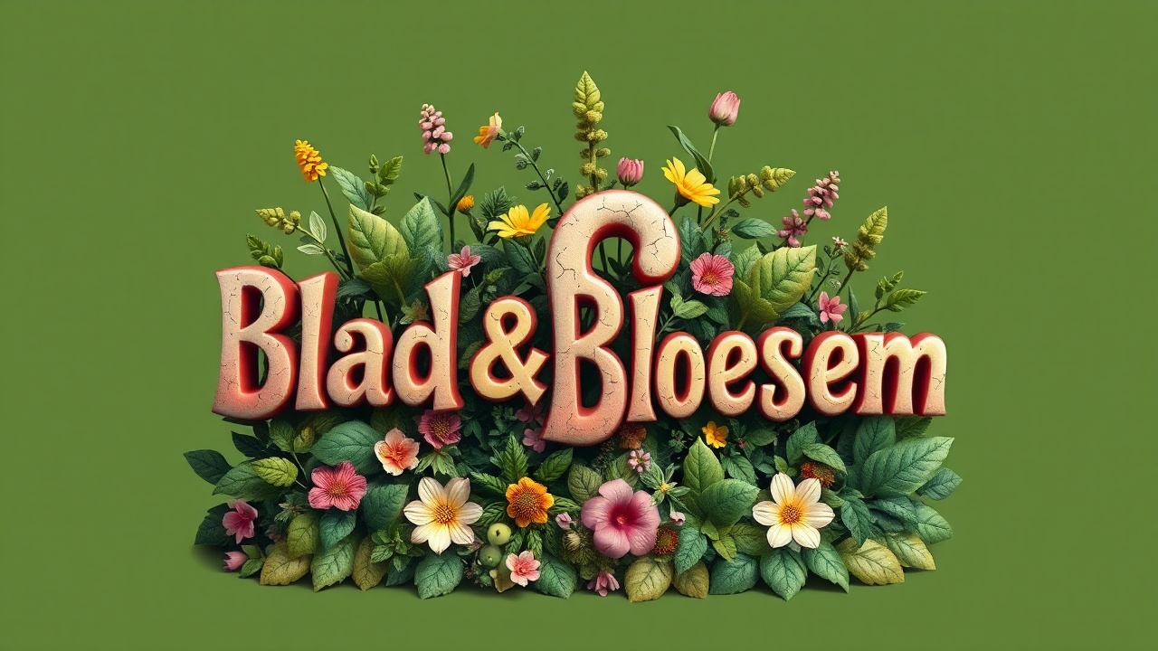 AI generated image by FLUX.1-schnell: an elven retro magical freestanding Logo for "Blad & Bloesem"  with leaves herbs flowers overgrown letters in  friendly Pastel colours include the & sign, radiant nature , authentic biology notes darwin 