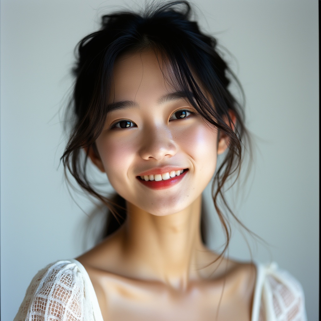 AI generated image by FLUX.1-pro: A Japanese young model is posing for a bust-up portrait in a studio with a plain white background, soft and even lighting, with a gentle and noticeable smile, high resolution, professional studio setup, 35mm film, showing a warm, smiling expression.