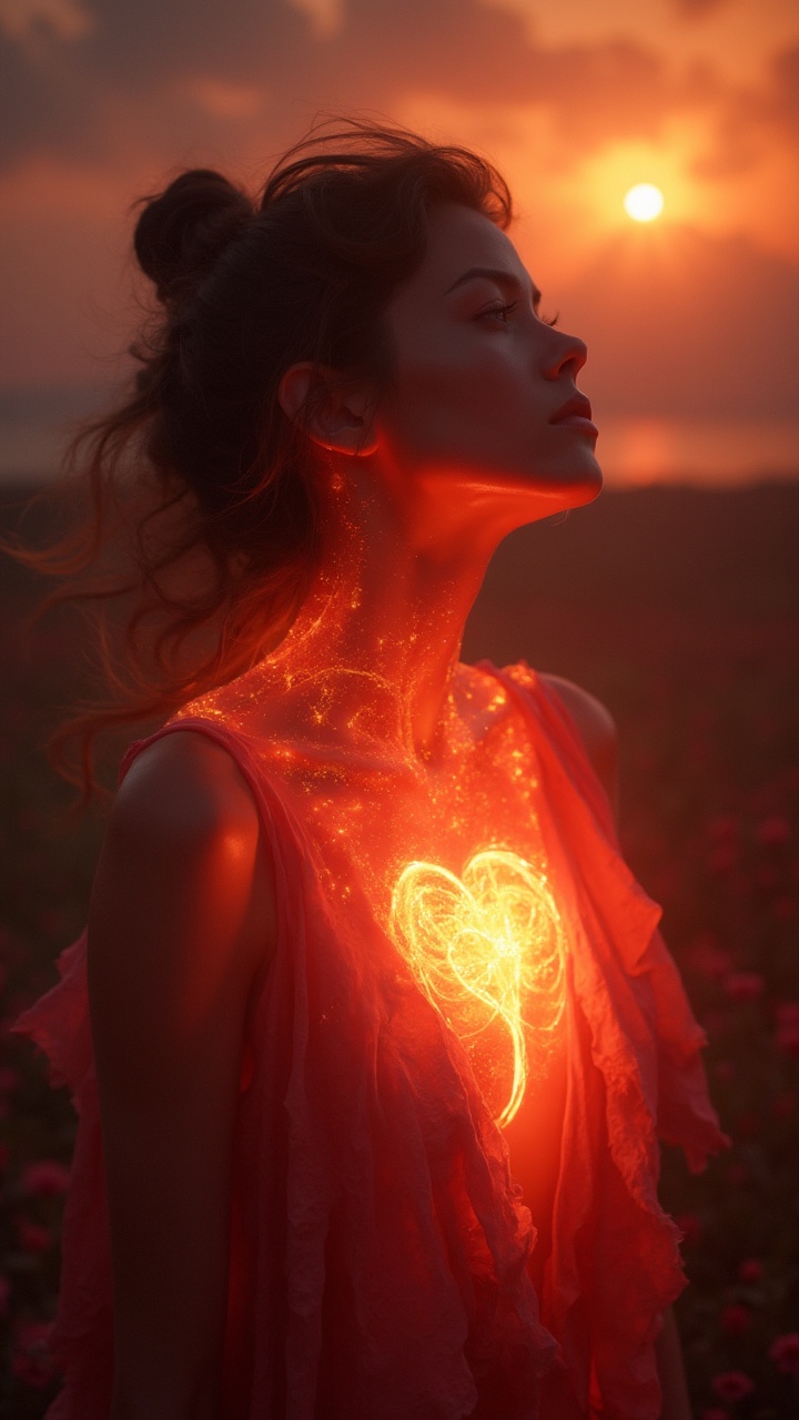 AI generated image by FLUX-Realism-Lora: imagen de  una mujer, su corazón es un vórtice de luz que lleva luz oro rubí a sus arterias y venas. la imagen es de cuerpo entero con mucho detalle y la mujer está suspendida en el aire, detrás de ella hay un bello paisaje de un atardecer luminoso. estilo realista en arte digital. full screen