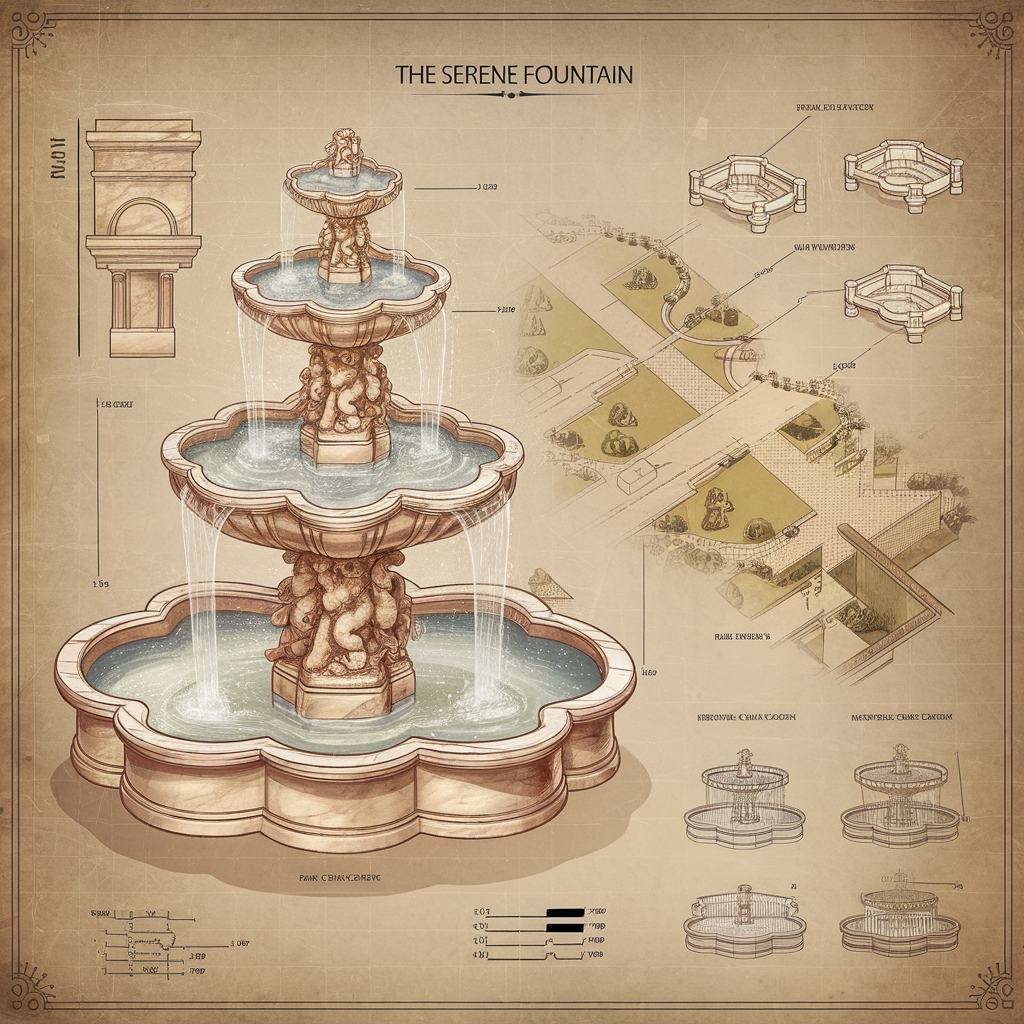 AI generated image by ideogram 2.0: A detailed architectural blueprint illustration showcases "The Serene Fountain" as its central focus, surrounded by technical drawings and a comprehensive master plan. The fountain itself is depicted as a tiered marble structure with intricate carvings of mythical creatures, water gracefully cascading down its levels, reflecting a soft, golden light. Several detailed orthographic projections of the fountain’s components sit alongside a stylized aerial view of the surrounding landscape, including walkways and manicured gardens, labeled with precise measurements and annotations. A faint, aged parchment texture overlays the entire design sheet, lending it a classic, professional aesthetic with a subtle grid pattern in the background.