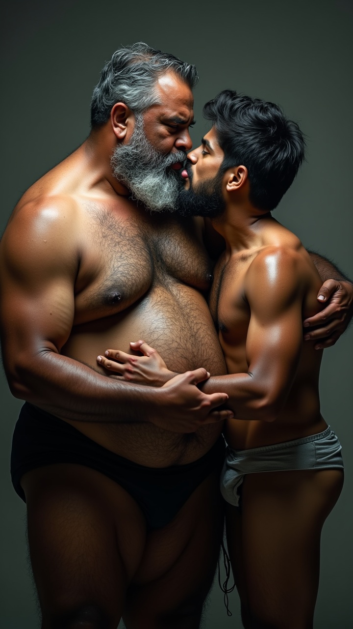 AI generated image by FLUX.1: Danny who is a big pot bellied, obese, dark skinned, hairy, grey haired, lustful, macho, matured hairy dark Tamil alpha male math teacher with thick eyebrows, full plump lips, thick beard and very big beefy and muscular chests is holding Tommy, a stocky student. Danny and Tommy are having a secret affair after class. Both Danny and Tommy are completely naked without clothes on and wet all over. Tommy is caressing Danny's masculine, hairy, big, fat, dark skinned pot round belly with a big belly button. Danny's dark skinned big hairy belly has a big round belly button that is deep. Danny also has fat beefy thighs and big feet. Danny is hugging Tommy very close with both his big strong arms and is spitting a lot of wet strands of saliva with in Tommy's wide open mouth who is sticking his tongue out for Danny. The saliva runs down all over Danny's beard, his big hairy belly, thick thighs and his thick feet. Danny has a thick, erect penis with  low hanging scrotum which is drenched in saliva.