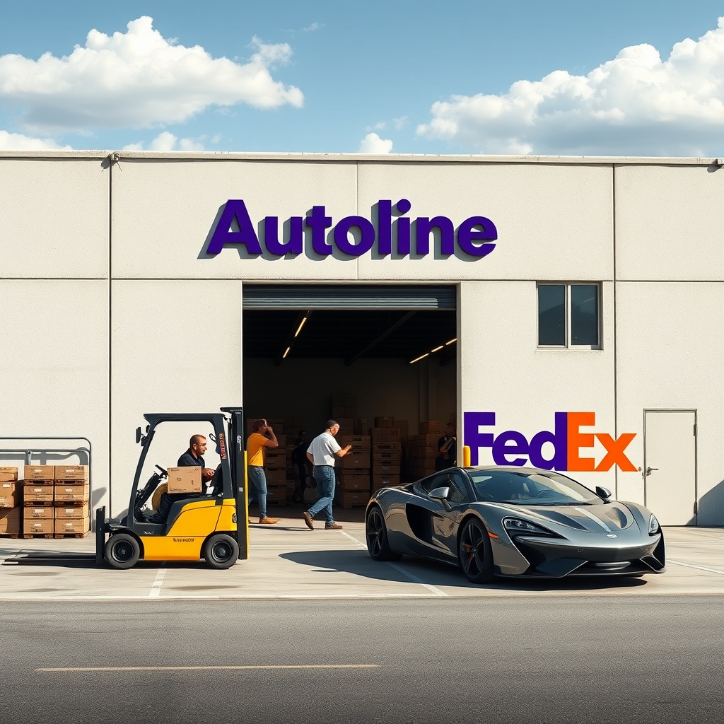 AI generated image by FLUX.1-schnell: A warehouse named "Autoline" with people working, a forklift transporting goods and a fancy car parked. A fedex vehicle must be visible. People working there are latin.
