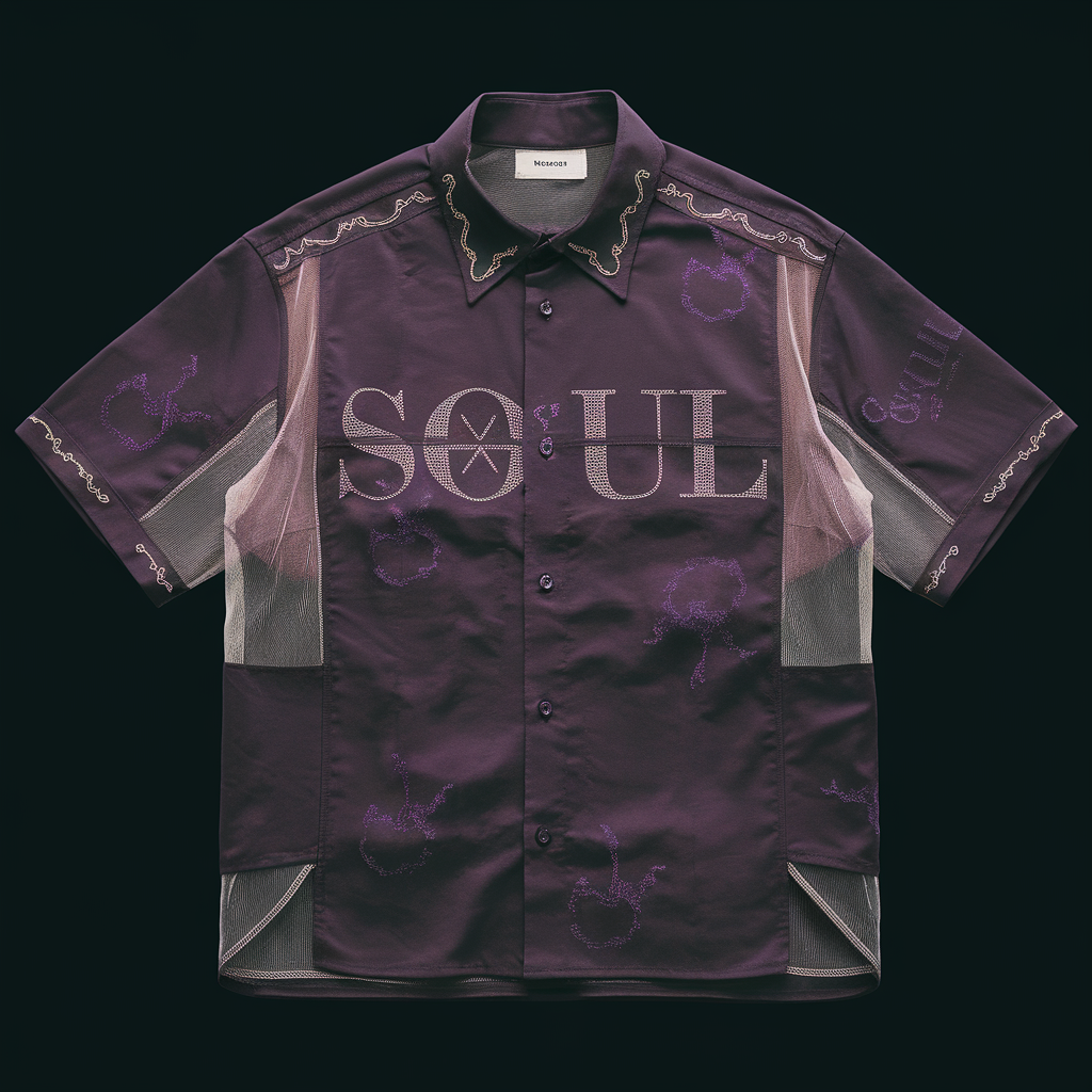 AI generated image by ideogram 2.0: Color: Dark purple with black undertones.

Design: A fitted, long-sleeve turtleneck or high-collared shirt with a subtle "Soul" print (e.g., glowing letters or symbols) integrated into the fabric. The shirt has a slightly sheer texture in certain areas to add depth.

Details: Add faint, glowing embroidery along the seams or collar for a mystical touch.