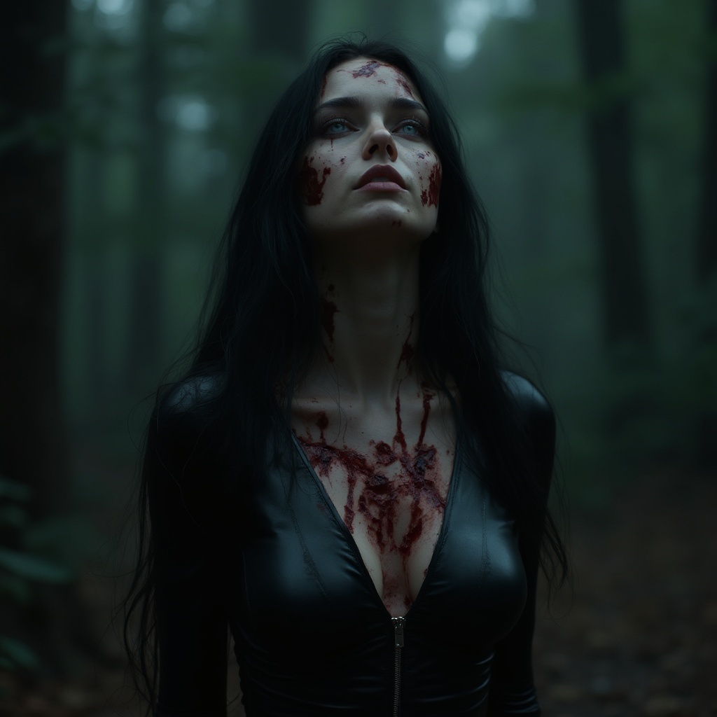 AI generated image by FLUX-Realism-Lora: She the most beautiful vampire girl and she is shot to dead by many enemies. Lot of details, high quality, 15k, View from far away on the vampire girl dying, Real wounds. Ultra realistic photo, Middle European girl, Perfect face, lips, mouth and whole sexy body. She is knelling wounded in the dark forest. Black tight latex suit unzipped, 21 years old, Cute face in shock of being wounded, Heart shot, hourglass body, Most beautiful female, great and perfect sexy body, Perfect face, big full lips, long legs, dark hair, nice blue eyes. She is shot in her chest by the sniper right in her heart, kill shot. Bloody wounds on her chest. Blood everywhere. Bloody bleeding wounds. Dark bloody bullet holes on her chest. She is shot 5 times in her chest. Many bloody bullet wounds on her chest. Big boobs, naked
