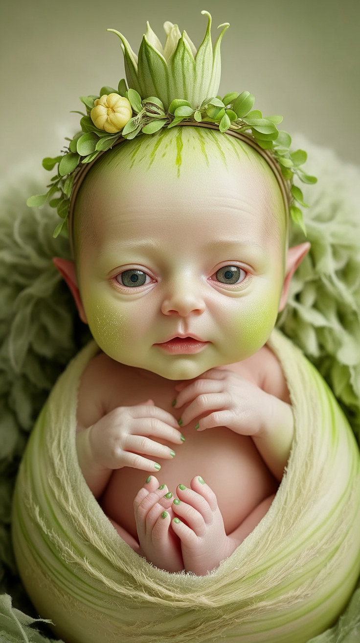AI generated image by ideogram 2.0: Create a hyper realistic, ultra detailed, sharp focus image of an adorable newborn baby creature inspired by a melon. The baby has soft, smooth skin with a gentle gradient of pale green and creamy yellow hues, mimicking the look of a fresh melon rind. Its cheeks are plump and have a subtle, dewy sheen, with a delicate, natural blush. The baby’s eyes are large, round, and a sparkling light green, filled with innocence and sweetness. Its tiny hands and feet are chubby, with faint green undertones and delicate, rounded fingers and toes. Atop its head is a whimsical crown made from a small cluster of fresh green melon leaves and a tiny yellow melon blossom. The baby is wrapped in a soft, pale green, velvety blanket, and a realistic human hand is gently feeding it a small, juicy cube of melon. The lighting is soft and fresh, with gentle highlights that enhance the baby’s features. The background is a softly blurred garden scene with hints of melon vines and dappled sunlight. The camera angle is close-up, focusing on the baby’s face and the feeding moment. The mood is refreshing, sweet, and heartwarming, with photorealistic details and a magical, nurturing atmosphere."
}