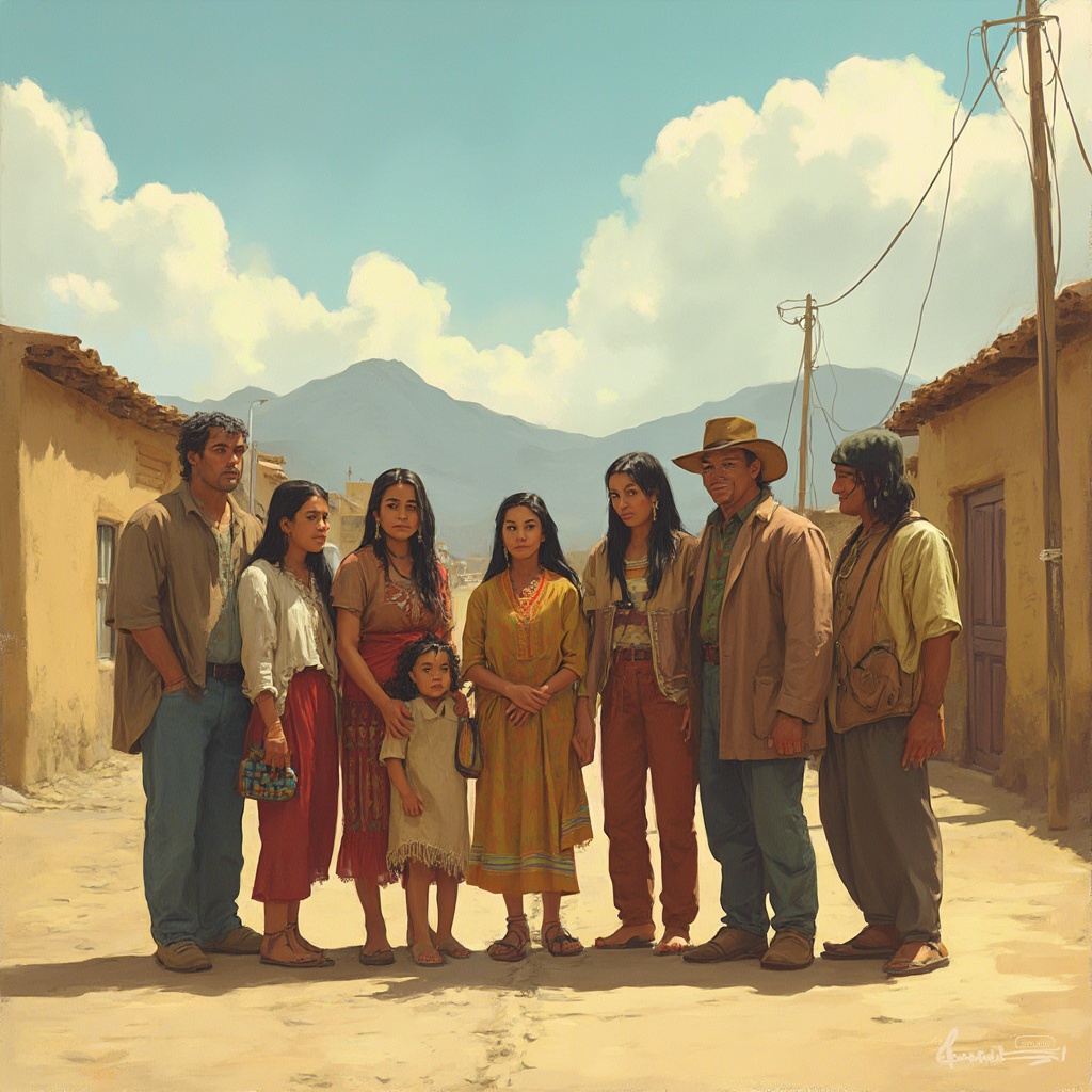 AI generated image by FLUX-Realism-Lora: Una ilustración realista y detallada de nueve hermanos adultos, con un promedio de 30 años, de Huancavelica, Perú, ambientada en la década de 1970. El grupo debe estar exclusivamente compuesto por 2 mujeres y 7 hombres. Los hermanos están juntos al aire libre, en un pequeño pueblo andino con casas de adobe, calles adoquinadas y montañas en la distancia, transmitiendo un sentido de unidad familiar y herencia cultural. La iluminación evoca una tarde cálida con sombras suaves, realzando la atmósfera nostálgica de los años 70. debe ser exhaustivamente 2 mujeres y 7 varones.