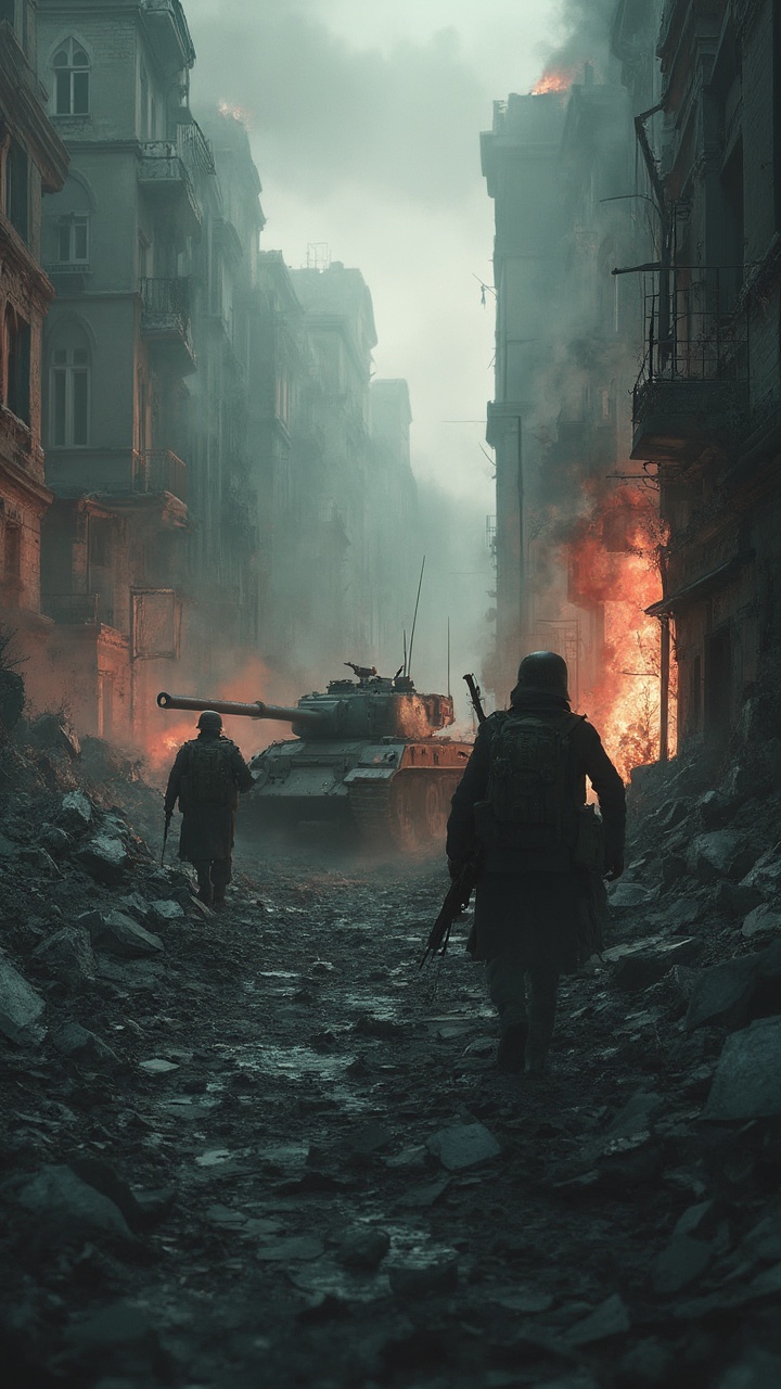 AI generated image by FLUX-Realism-Lora: A realistic and detailed wartime scene showing Nazi soldiers patrolling a destroyed urban landscape during World War II. The soldiers are dressed in accurate military uniforms, holding rifles, and moving cautiously through the rubble-strewn streets. In the background, heavily damaged buildings and smoldering fires set a grim atmosphere, with dark clouds and smoke filling the sky. A German tank is visible, partially concealed by debris, adding to the tension of the scene. The lighting is dim and dramatic, emphasizing the chaos and destruction of war