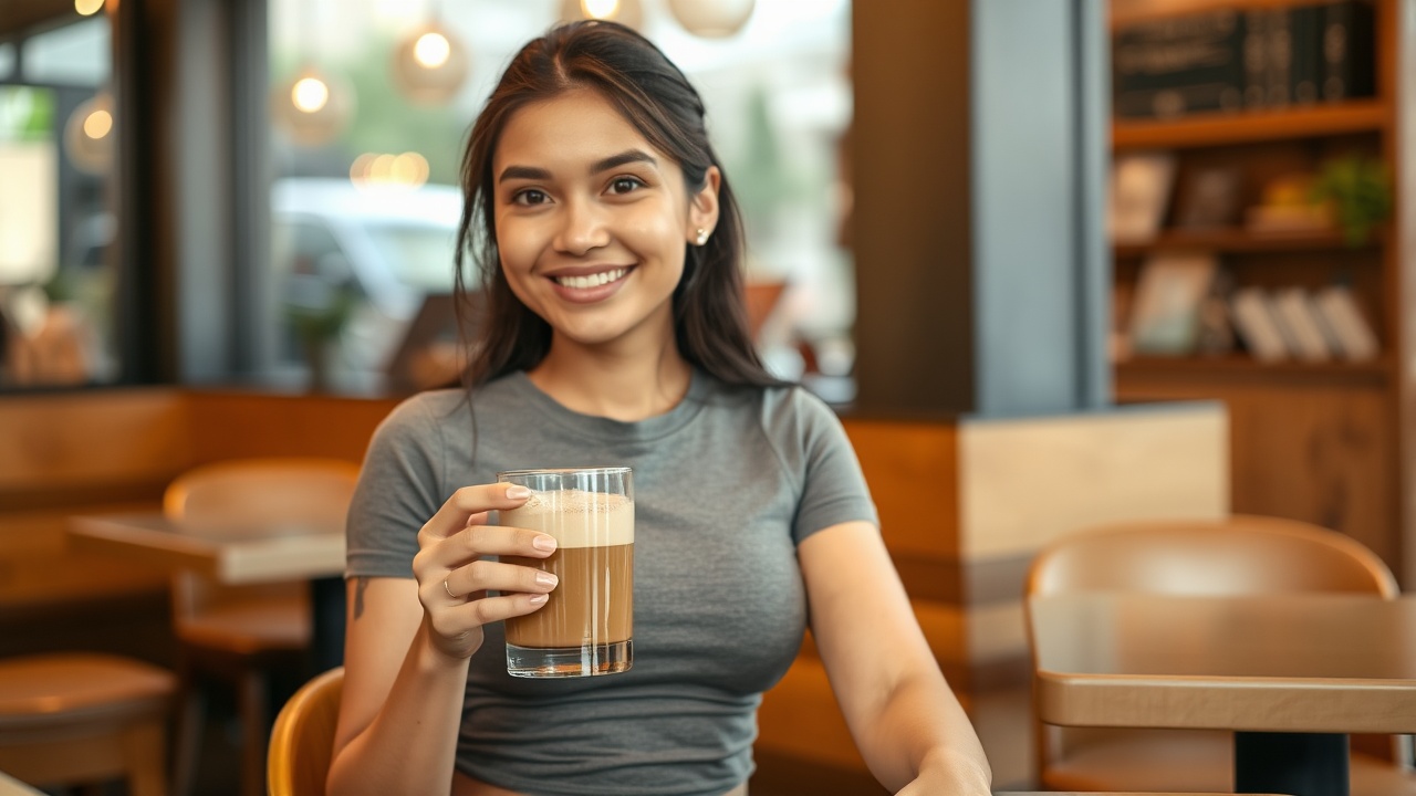 AI generated image by FLUX.1-schnell: a beautiful yogyakarta woman in a tight fitness t-shirt, full body, sitting in a cafe smiling looking at the camera while holding a clear glass cup containing brown late coffee