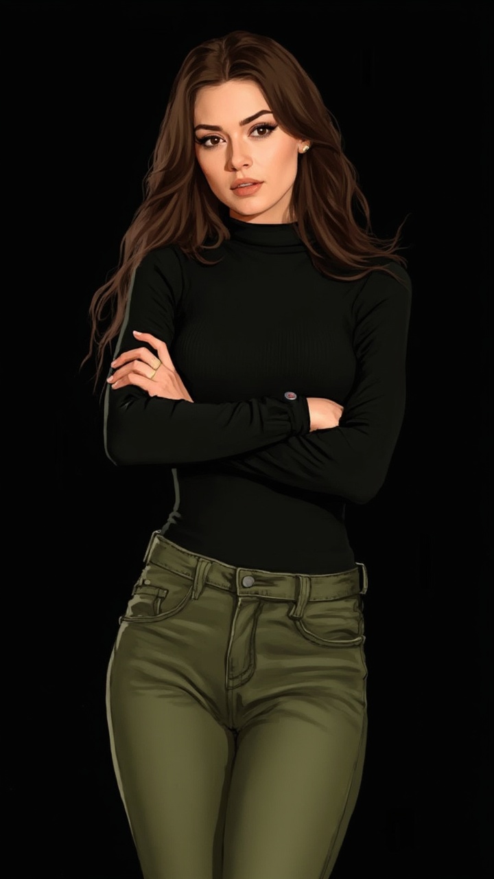 AI generated image by FLUX-Realism-Lora: Illustration by Luis Royo. Black background. A beautiful Lebanese woman with long brown hair. She wears a black turtleneck, and a pair of olive green skinny jeans. She crosses her arms.