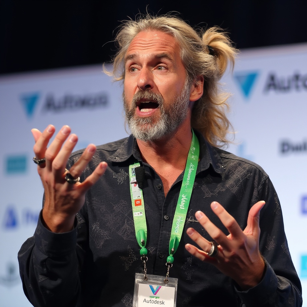 AI generated image by FLUX-Realism-Lora: A charismatic speaker is captured mid-speech. He has long, slightly wavy blonde hair tied back in a ponytail. His expressive face, adorned with a salt-and-pepper beard and mustache, is animated as he gestures with his left hand, displaying a large ring on his pinky finger. He is holding a black microphone in his right hand, speaking passionately. The man is wearing a dark, textured shirt with unique, slightly shimmering patterns, and a green lanyard with multiple badges and logos hanging around his neck. The lanyard features the "Autodesk" and "V-Ray" logos prominently. Behind him, there is a blurred background with a white banner containing logos and text, indicating a professional or conference setting. The overall scene is vibrant and dynamic, capturing the energy of a live presentation.