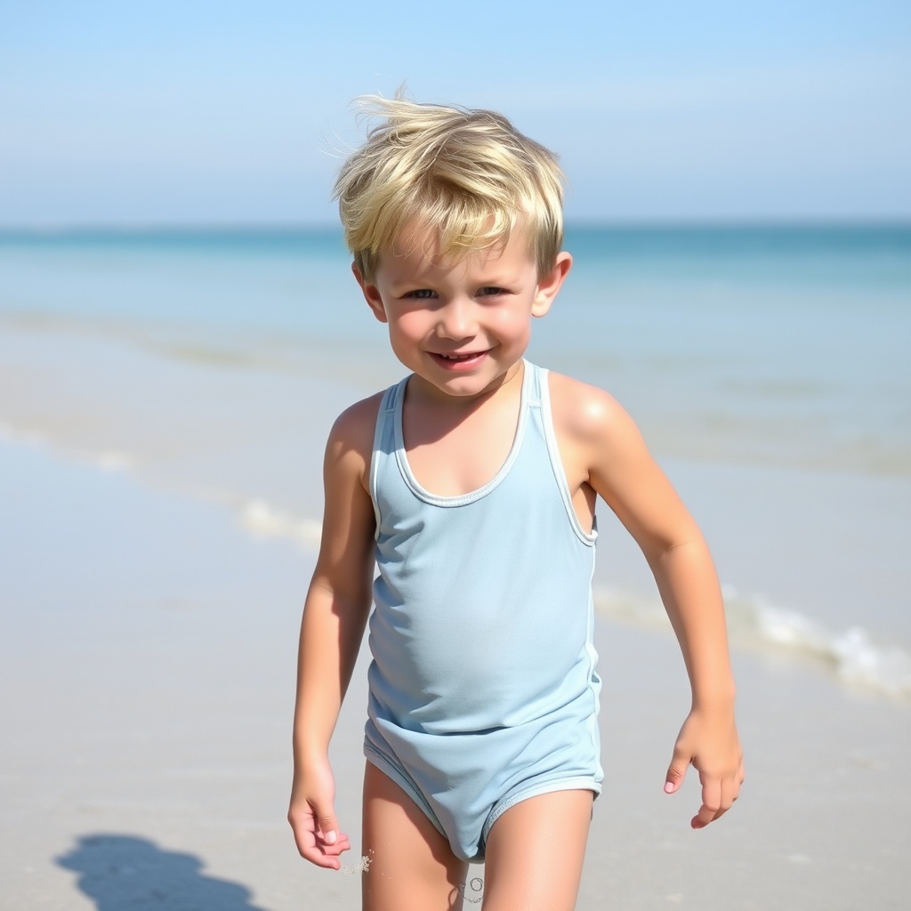 AI generated image by FLUX.1-schnell: garçon de six ans blond en mini maillot de bain sur la plage