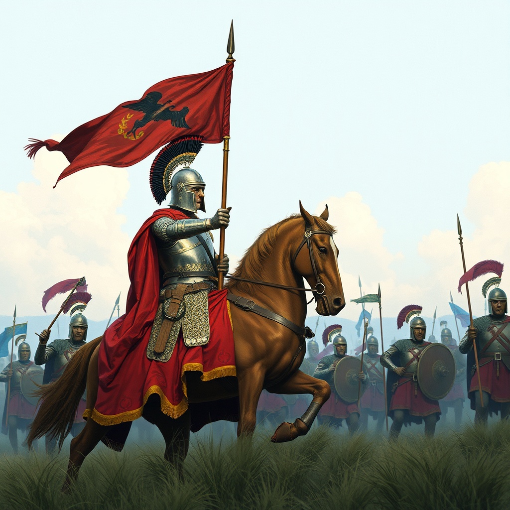 AI generated image by FLUX.1-schnell: soldado alemán enfrentándose a un legionario romano