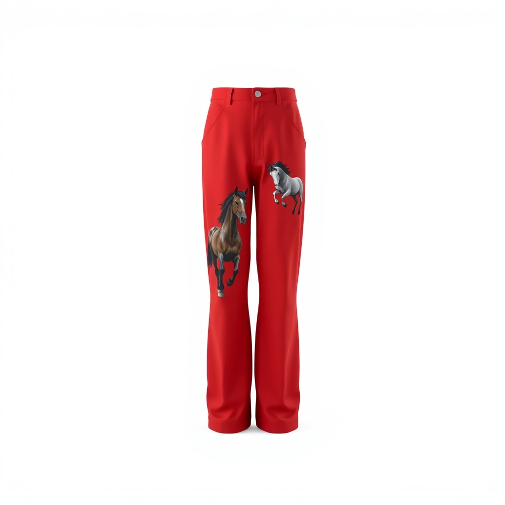 AI generated image by FLUX.1-schnell: A realistic, high-quality red trousers featuring a two horses print on trousers. The trousers is displayed on a clean white background without any shadows, positioned in the center with a front-facing view. High detail, professional fashion photoshoot, 8K render, soft shadows..product shot / isolated clothing.