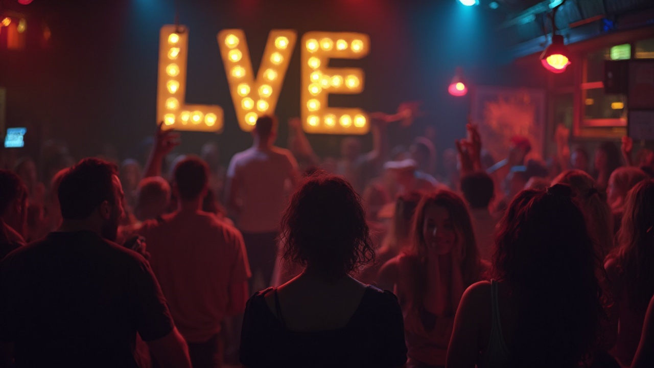 AI generated image by FLUX-Realism-Lora: generate people singing karaoke in a bar with neon lighting and a large black backdrop with big letters in gold that say "LVE". the people are ranged in ages from mid 20's to early 50's.  they are having fun.