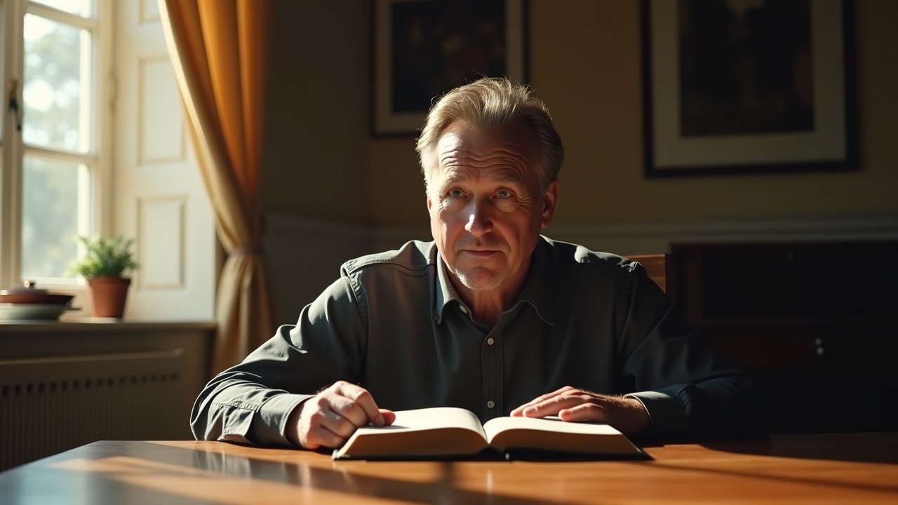 AI generated image by FLUX.1: A contemplative scene showing a man in his 40s sitting at a wooden desk, reading an open Bible. His face reflects a mix of curiosity and realization, with sunlight streaming through a nearby window. Photo realistic, cinematic, -air 16:9.