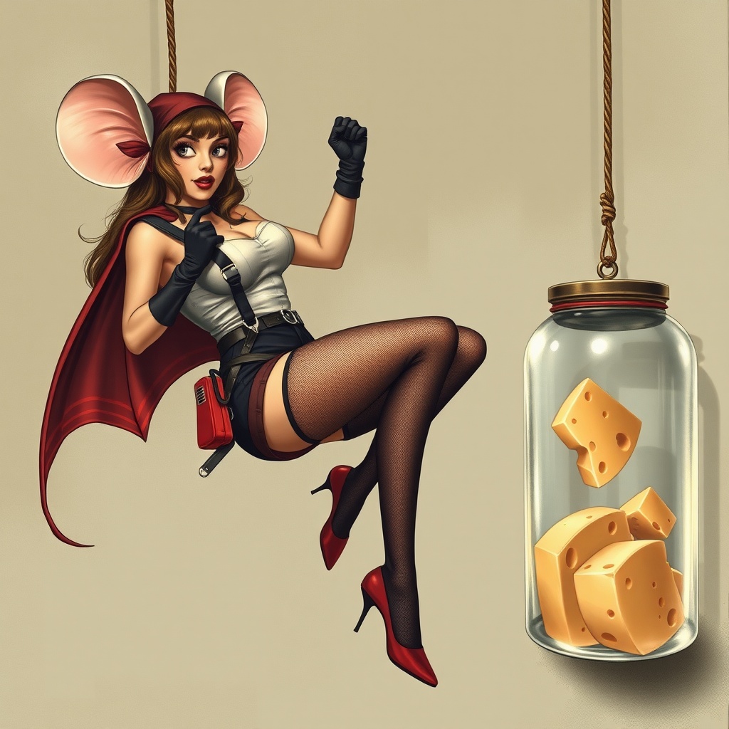 AI generated image by FLUX.1-schnell: a woman burglar in the style of a Marvel superhero dressed as a mouse, abseiling down a rope to get some cheese under a glass jar. she has suspenders and stockings and high heels. a heaving bosom.  
