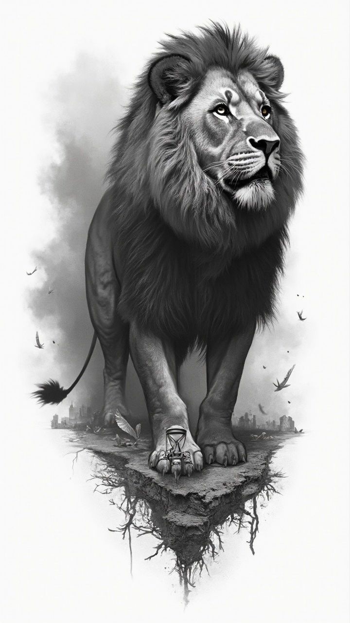 AI generated image by FLUX-Realism-Lora: Ultra-detailed black and grey tattoo design sheet, central dominant figure: realistic lion in three-quarter pose with sculptural mane and tattoo-friendly microtexture; crisp stencil-like linework and bold contour anchors; high-contrast values with graduated shading to create strong volumes and readable silhouette at 2–3 meters; secondary element: antique metallic hourglass partially embedded between the lion’s forepaws with controlled metallic reflections and clearly legible gears; lower scene: low-contrast field of bones and relics rendered as background context that does not compete with the primary figure; upper scene: stylized dust cloud with subtle astral symbols barely visible, minimal detail; transition layer: petals fragmenting into fine sand that morph into the lower ruins, using fragmentation only (no smoke + shadow simultaneously); direction of reading: ascending spiral from lower scene through the hourglass to the lion’s gaze; orientation: 3/4, composition optimized for chest width with slight curvature guidance for chest expansion; neutral plain background, studio-neutral lighting, stencil-ready edges for easy transfer, prioritize tattoo longevity by avoiding excessive microlines and stippling density, maintain clear negative spaces and strong focal contrast, include brief application notes: multi-session plan recommended for ultra-detail, mark areas where microtexture should be simplified to bold texture for long-term retention.