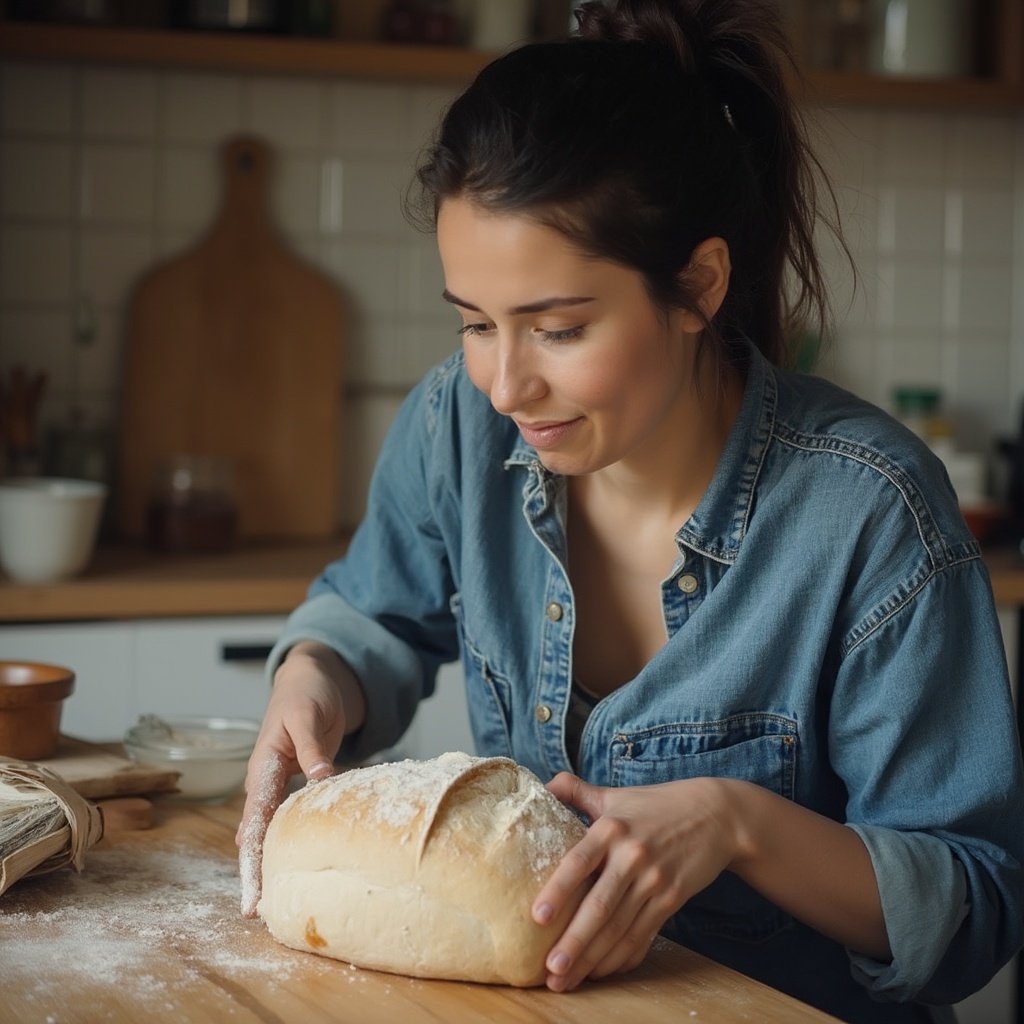 AI generated image by FLUX-Realism-Lora:  A young woman with long dark hair tied up in a messy bun is baking sourdough bread in her kitchen. She wears very natural make-up, wears home clothes denim. Around the kitchen top is in a country style, tidy surface. On the cheeks she has a bit of flour. She is looking at the bread while taking it out from the oven. 