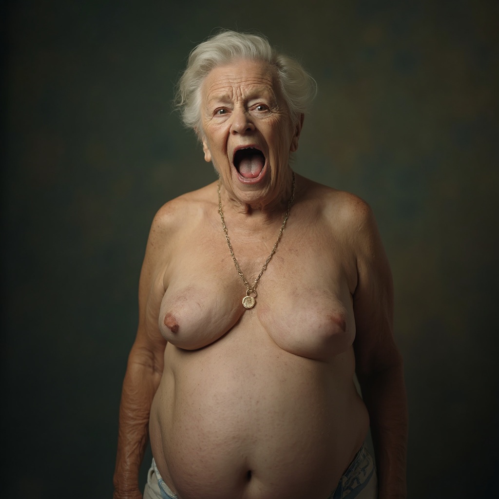 AI generated image by FLUX-Realism-Lora: granny, 90 years old, naked, big saggy boobs, standing, showing pussy, open mouth, (((lascivious pose)))