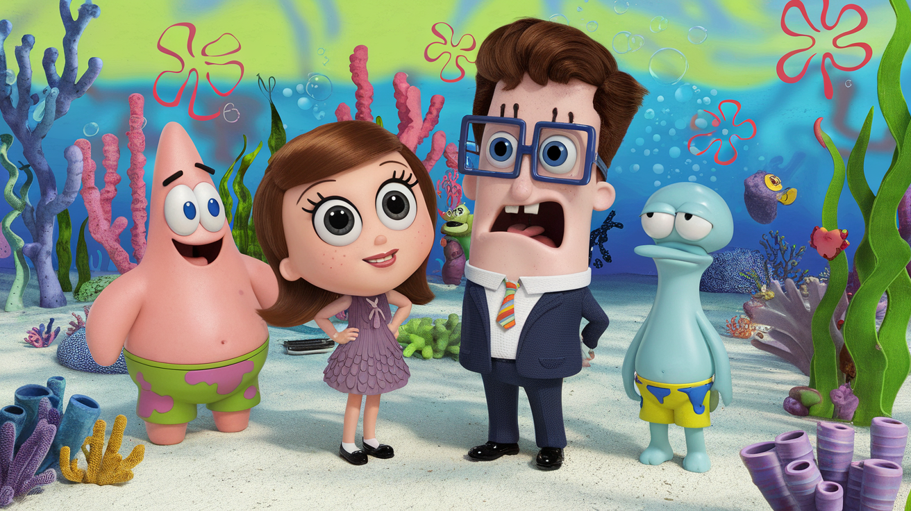 AI generated image by ideogram 2.0: Cartoon scene in the style of SpongeBob SquarePants. In Bikini Bottom, a short girl with shoulder-length chestnut hair, black eyes, wearing a dress, stands next to a tall boy with chestnut hair, blue eyes, and square glasses, wearing a formal suit. They are talking with Patrick Star and Squidward.

The background features colorful coral, sandy seabed, sea plants, bubbles, and other whimsical Bikini Bottom elements. Everyone looks expressive and animated.

Style: bright, exaggerated, and fun cartoon — true to the SpongeBob SquarePants universe.