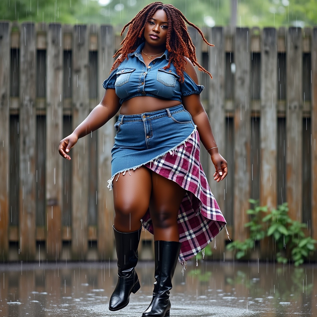 AI generated image by FLUX.1-pro: An African-American fuller-figured woman with dark copper twists in her hair, dancing in the rain. She is wearing a high neck cold shoulder denim crop top with button details and a frayed hem, paired with an acid washed denim mini skirt with asymmetrical layers of plaid fabric in red, white, and purple. She has sleek, knee-high black boots. The scene is in front of a wooden plank fence, with gigantic raindrops and a reflective water puddle. The image includes  3D elements, and  a touch of 
realism, in an artistic digital watercolor and enamel oil style with ultra-high definition.


