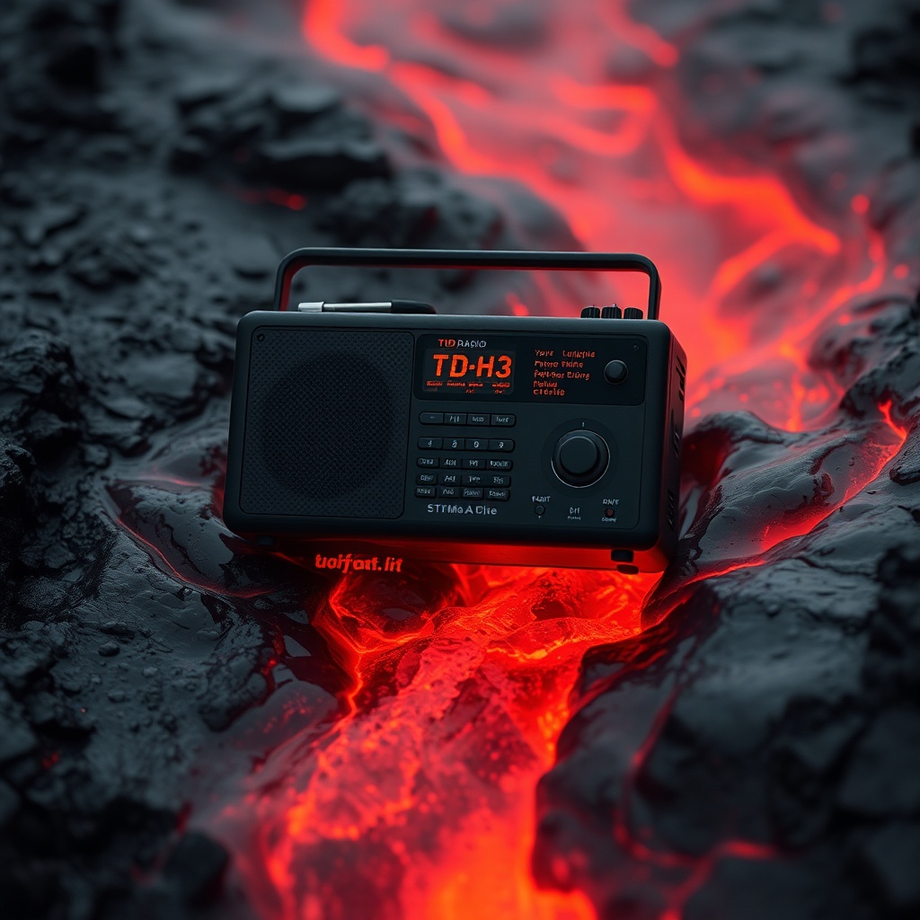 AI generated image by FLUX.1-schnell: A tidradio TD-H3 floating in a stream of red. Hot lava 