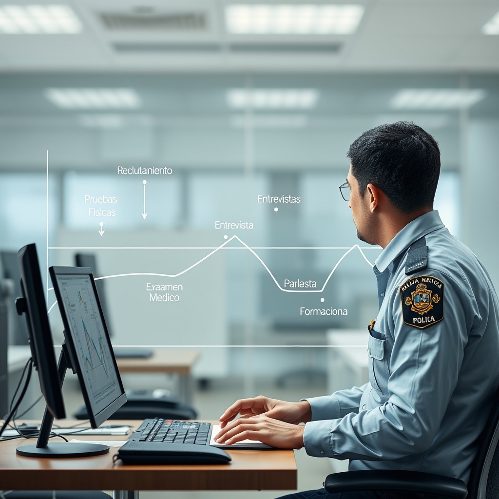 AI generated image by FLUX.1-schnell: "Cree una imagen donde un policia de colombia analista de datos esté trabajando en una estación de trabajo, con un grafo dirigido de fondo. El grafo debe representar una ruta de selección de personal para la Policía Nacional de Colombia. En el grafo, se deben visualizar nodos que representen diferentes etapas del proceso de selección, como 'Reclutamiento', 'Pruebas Físicas', 'Entrevista', 'Examen Médico', y 'Formación'. Las aristas dirigidas deben mostrar el flujo de una etapa a otra, indicando la secuencia del proceso. El analista de datos debe estar observando el grafo con atención, posiblemente utilizando herramientas de análisis de datos en su pantalla, policia nacional de colombia."