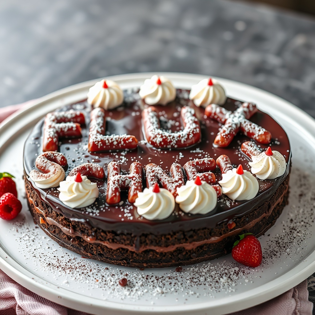 AI generated image by FLUX.1-schnell: black forest gateau cake spelling out the words "FLUX SCHNELL", tasty, food photography, dynamic shot