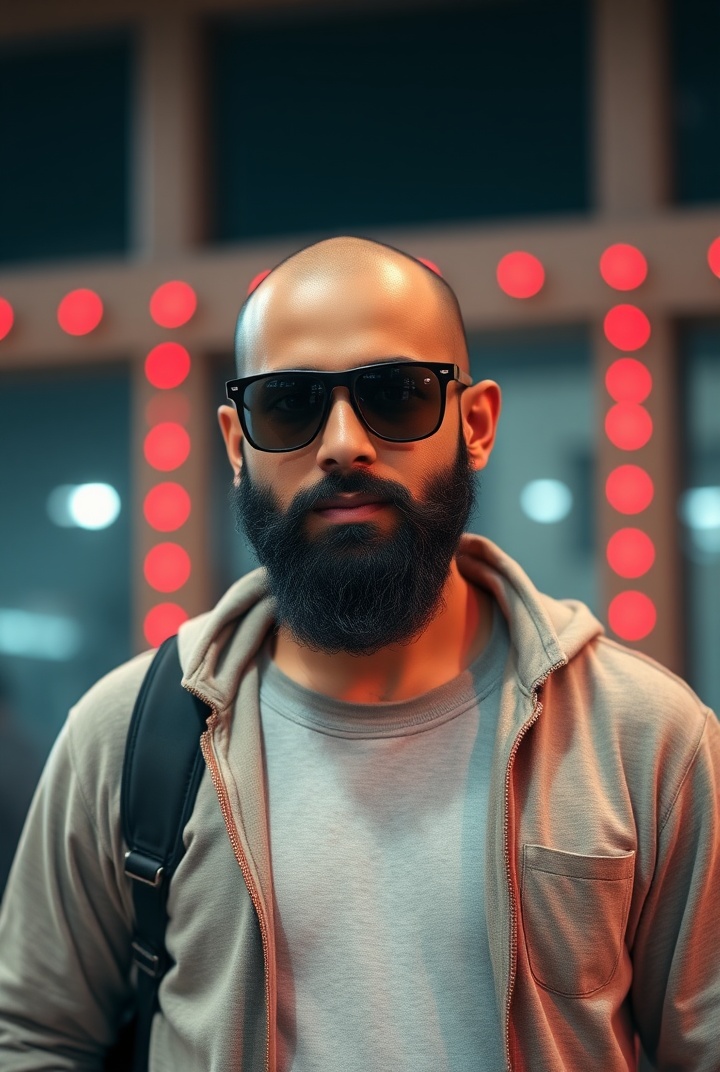 AI generated image by FLUX.1-schnell: a realistic photo of an Indian photographer, 20-year old, bearded and bald, sunglasses, standing in front of a building with red lights
