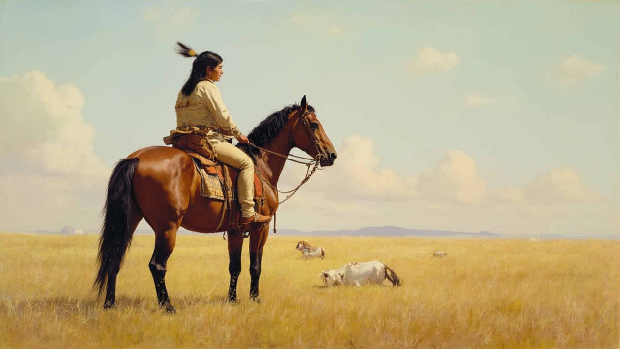 AI generated image by FLUX-Realism-Lora: A painting of an American Indian sitting on a horse in the style of Winslow Homer
