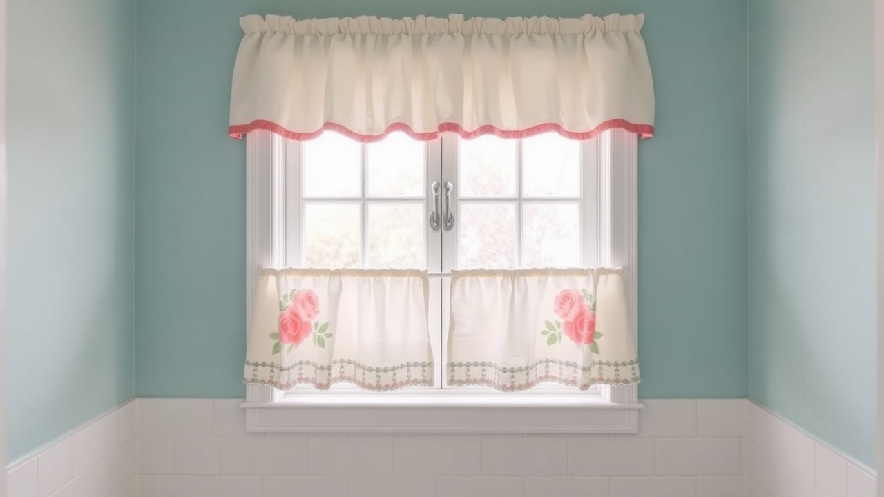 AI generated image by FLUX.1-schnell: a bathroom window with cheery cafe curtains covering only the lower half of the window. hang a short valance at the top of the window frame