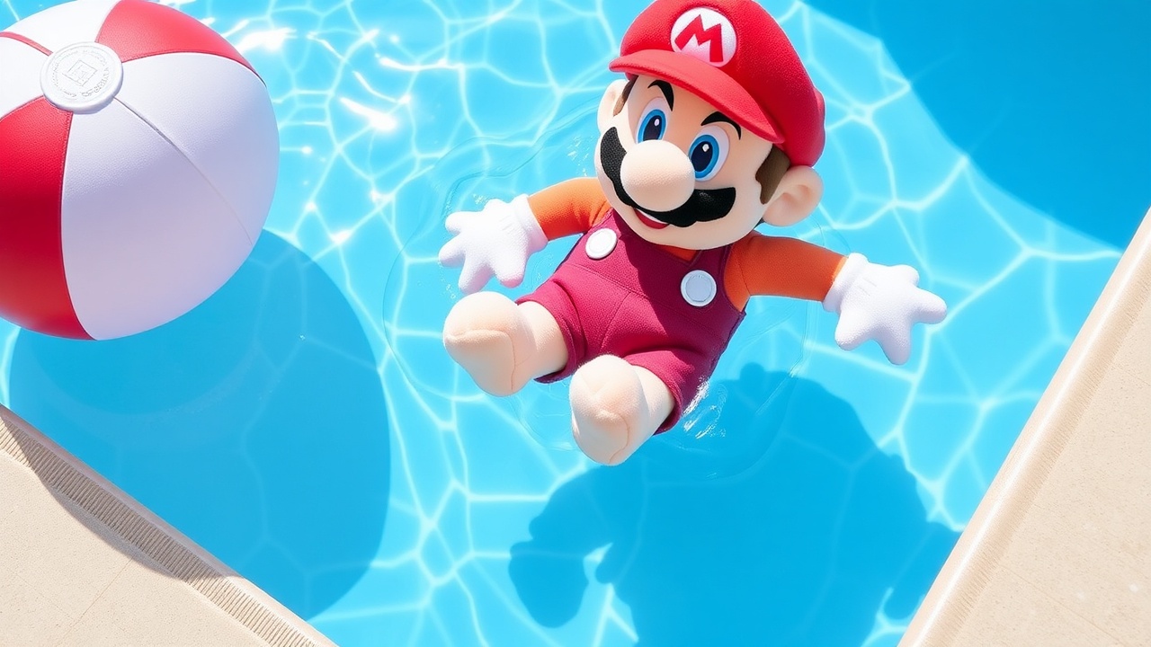 AI generated image by FLUX.1-schnell: Mario Plush Swimming Pool Red Towel Beach Ball
