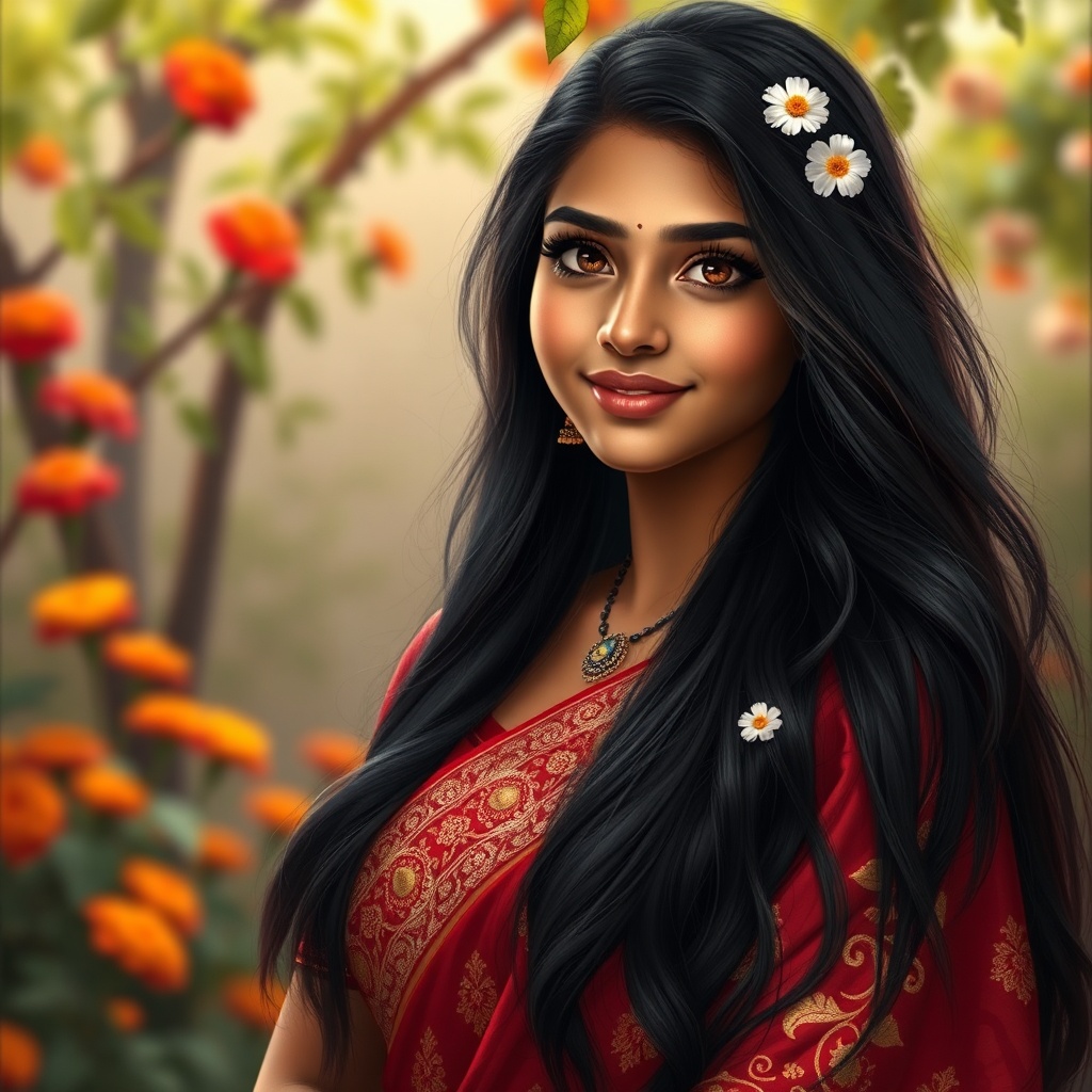 AI generated image by FLUX.1-schnell: Create a realistic portrait of a beautiful Indian girl, around 20 years old. She has long, flowing black hair that cascades down her shoulders, adorned with delicate jasmine flowers. Her skin has a warm, glowing complexion with a hint of natural radiance. She wears a vibrant, intricately designed traditional saree in rich shades of deep red and gold, with delicate embroidery that highlights her figure.
Her eyes are large and expressive, framed by long eyelashes, and they shine with warmth and intelligence. She has a gentle smile that reflects her kind personality. In the background, incorporate elements of Indian culture, such as a lush garden with marigolds and peepal trees, softly blurred to emphasize her presence. The lighting should be soft and warm, creating an inviting atmosphere. Capture the essence of her grace and beauty, making her the focal point of the image