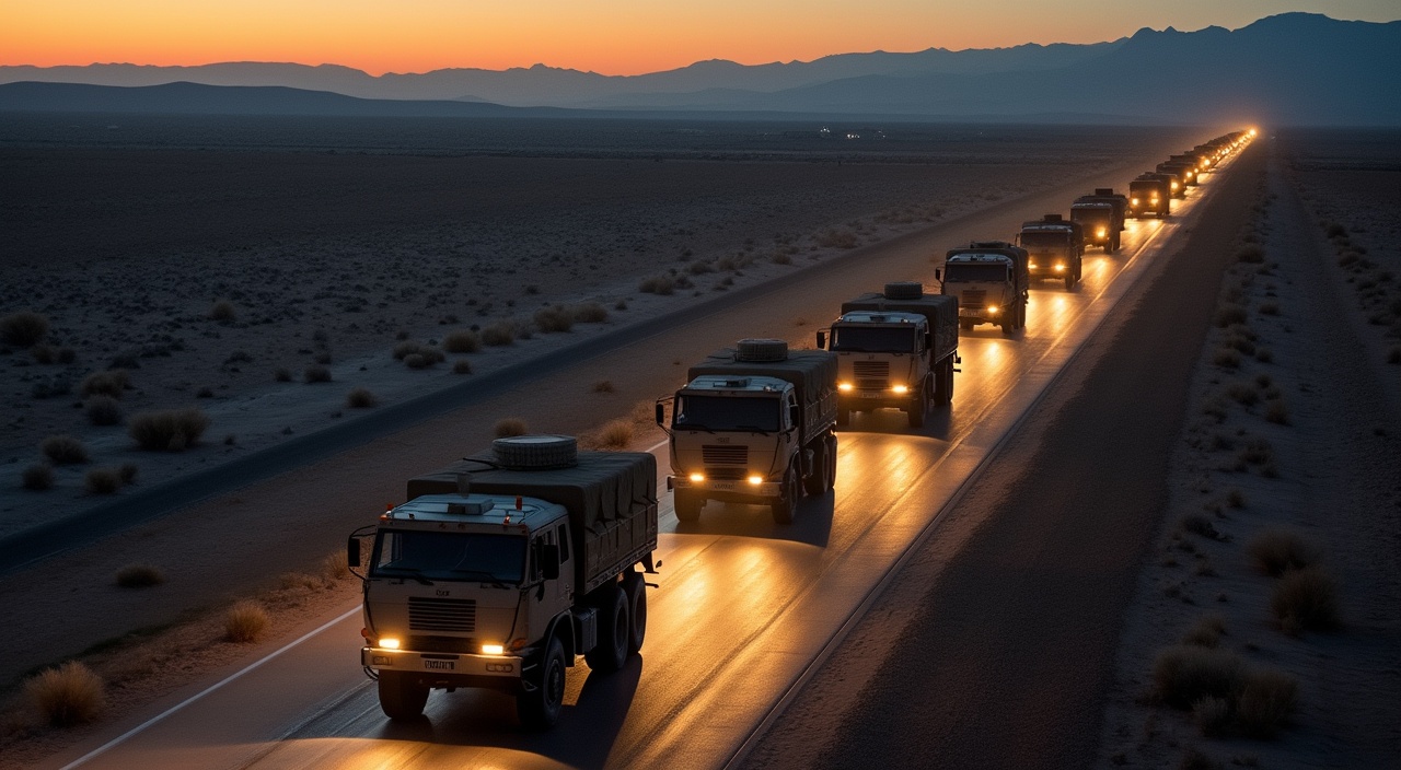 AI generated image by FLUX.1-pro: vista aérea de una fila de 10 camiones militares en una carretera por el desierto durante la noche