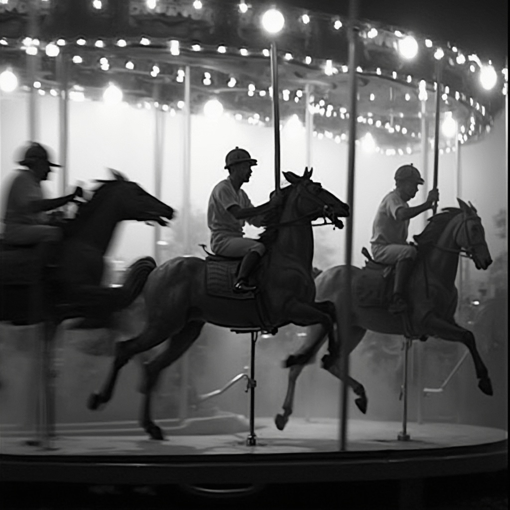 AI generated image by FLUX-Realism-Lora: A closeup black and white photo of jockeys riding carousel. The race contest is very intense and dramatic. Depth of field. Motion blur. Backlight