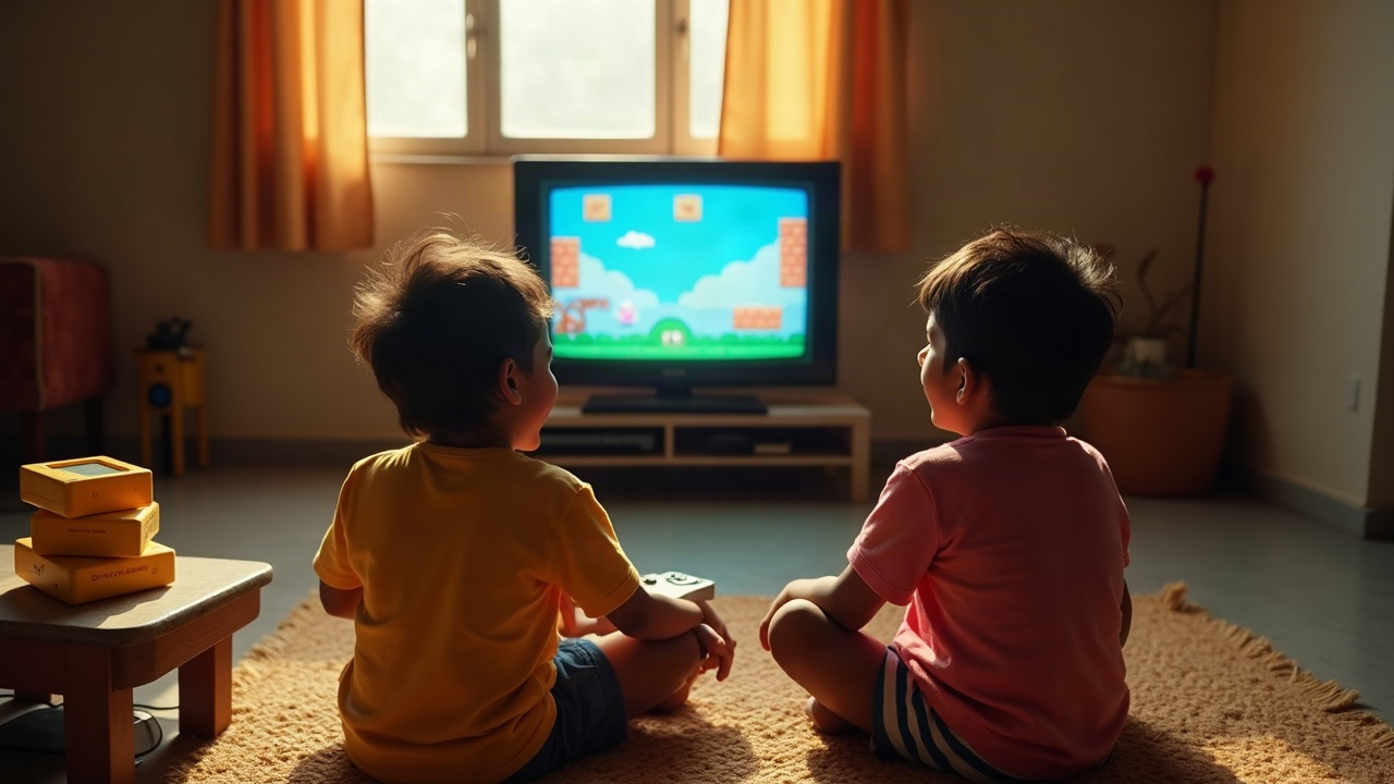 AI generated image by FLUX.1: Photorealistic nostalgic Indian home in the 1990s, horizontal 16:9 composition.
CAMERA AND COMPOSITION: A high-angle, side-elevated three-quarter view, shot from just behind and slightly to the left of two Indian children, looking diagonally over their shoulders and downward toward the television in front of them. The camera is behind the children, not facing them. Their backs, shoulders, and partial side profiles are visible. The CRT television screen is clearly visible beyond them. The entire scene, including the children, television, and foreground table, fits naturally into one frame.
SUBJECTS: Two Indian children sitting cross-legged on a woven jute dari on the floor, holding classic rectangular wired video game controllers. They are laughing with genuine excitement while playing a colorful retro Super Mario-style platform game on a large, glowing, box-shaped CRT television.
FOREGROUND: A small, low plastic side table close to the camera, clearly visible in the lower foreground. On it is a stack of bright yellow 9999-in-1 game cartridges and three distinct classic handheld Brick Game consoles with small monochrome LCD screens and physical buttons. These objects are prominent, sharply focused, and have realistic plastic textures.
BACKGROUND: A modest, lived-in Indian room, warm summer-afternoon sunlight filtering through a window, soft natural shadows, nostalgic 1990s atmosphere.
PHOTOGRAPHY: Realistic camera perspective, natural human proportions, authentic Indian household details, highly detailed material textures, warm natural color grading, professional lifestyle photography. Wide landscape frame, 16:9 aspect ratio.Photorealistic nostalgic Indian home in the 1990s, horizontal 16:9 composition.
CAMERA AND COMPOSITION: A high-angle, side-elevated three-quarter view, shot from just behind and slightly to the left of two Indian children, looking diagonally over their shoulders and downward toward the television in front of them. The camera is behind the children, not facing them. Their backs, shoulders, and partial side profiles are visible. The CRT television screen is clearly visible beyond them. The entire scene, including the children, television, and foreground table, fits naturally into one frame.
SUBJECTS: Two Indian children sitting cross-legged on a woven jute dari on the floor, holding classic rectangular wired video game controllers. They are laughing with genuine excitement while playing a colorful retro Super Mario-style platform game on a large, glowing, box-shaped CRT television.
FOREGROUND: A small, low plastic side table close to the camera, clearly visible in the lower foreground. On it is a stack of bright yellow 9999-in-1 game cartridges and three distinct classic handheld Brick Game consoles with small monochrome LCD screens and physical buttons. These objects are prominent, sharply focused, and have realistic plastic textures.
BACKGROUND: A modest, lived-in Indian room, warm summer-afternoon sunlight filtering through a window, soft natural shadows, nostalgic 1990s atmosphere.
PHOTOGRAPHY: Realistic camera perspective, natural human proportions, authentic Indian household details, highly detailed material textures, warm natural color grading, professional lifestyle photography. Wide landscape frame, 16:9 aspect ratio.