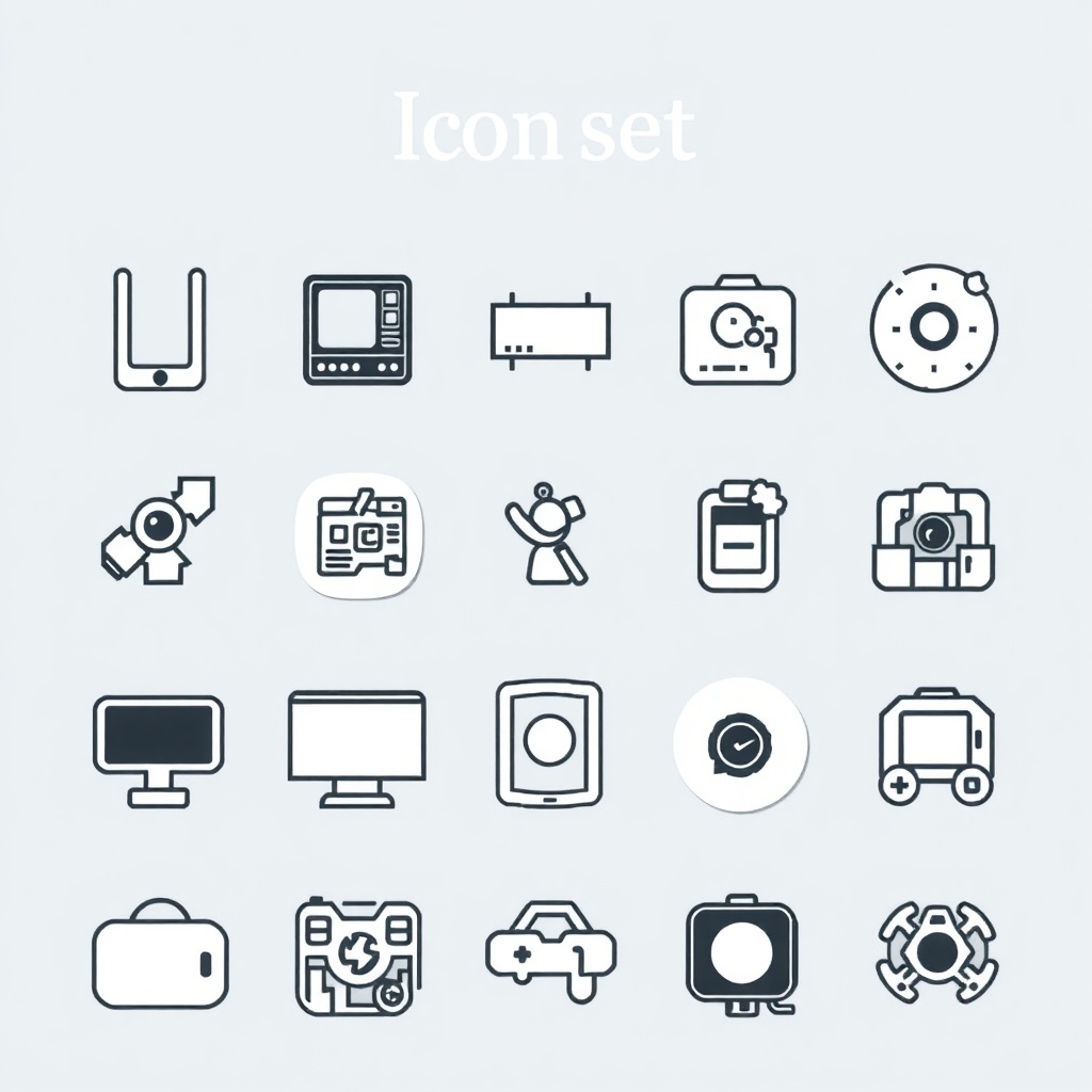 AI generated image by FLUX.1-schnell: black and white icon set featuring 16 technology-related symbols