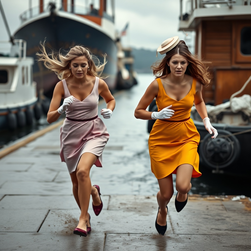 AI generated image by FLUX.1-schnell: Two posh female wedding guests are running sad and scared in a dangerous port wearing coloured posh mini dresses and silky gloves. Descending to the ground, two posh hats are blowing off their heads behind in the background.