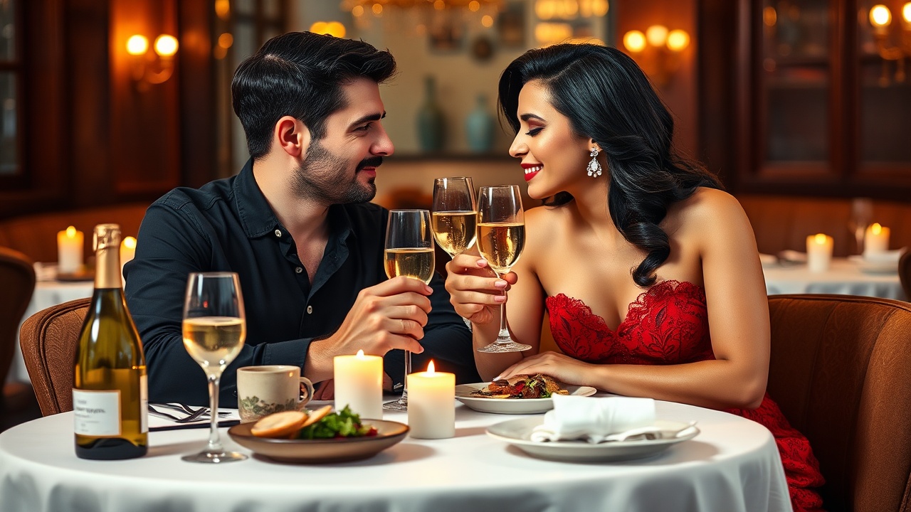 AI generated image by FLUX.1-schnell: A European man and woman at a romantic dinner at the expensive Pushkin restaurant in Moscow. The man has dark hair, short haircut and well-groomed two-day stubble, and is wearing a black button-down shirt. He looks at the woman with a loving look. The woman is about 30 years old, she is stunningly beautiful, and she smiles back at him. She has dark, lush hair down to the middle of her back, styled in large soft waves and voluminous haircut, she is wearing a red lace strapless dress with a heart-shaped neckline, diamond earrings in the shape of a drop. They are sitting close to each other, leaning slightly towards each other, holding glasses with sparkling white wine and are about to clink them. A large round table in front of them is covered with a snow-white tablecloth, served, and there are plates with food. There is an open bottle of white wine and several candles on the table, adding a warm, intimate glow. The background is softly blurred, showing the cozy and luxurious atmosphere of the restaurant with warm, dimmed lighting. The middle plan, in which the faces of both characters are clearly visible in a three-quarter view, captures the details and facial expressions. Hioh resolution.